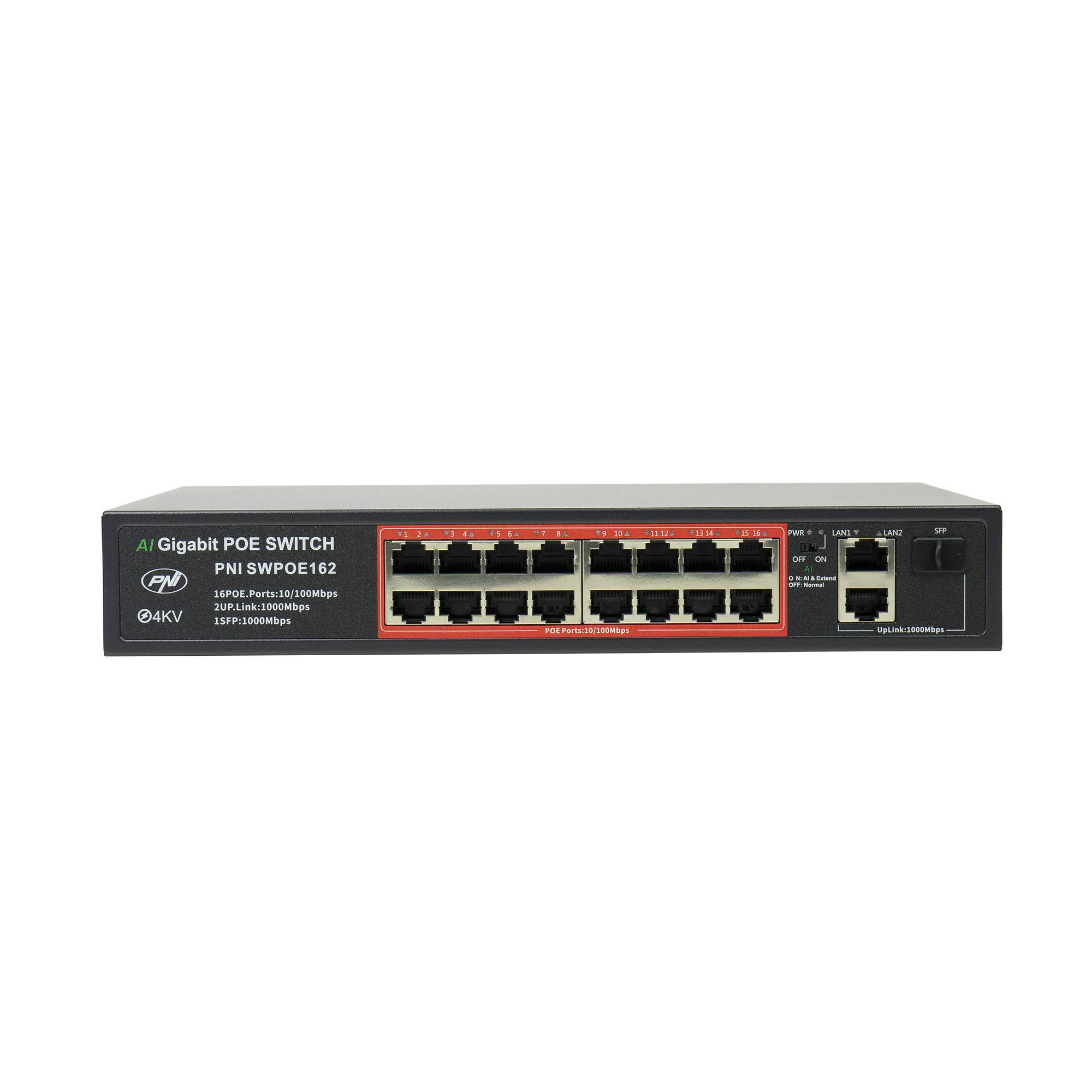 Switch POE PNI SWPOE16 mit 16 10 / 100Mbps-Ports und 2 10/100 / 1000Mbps-Ports