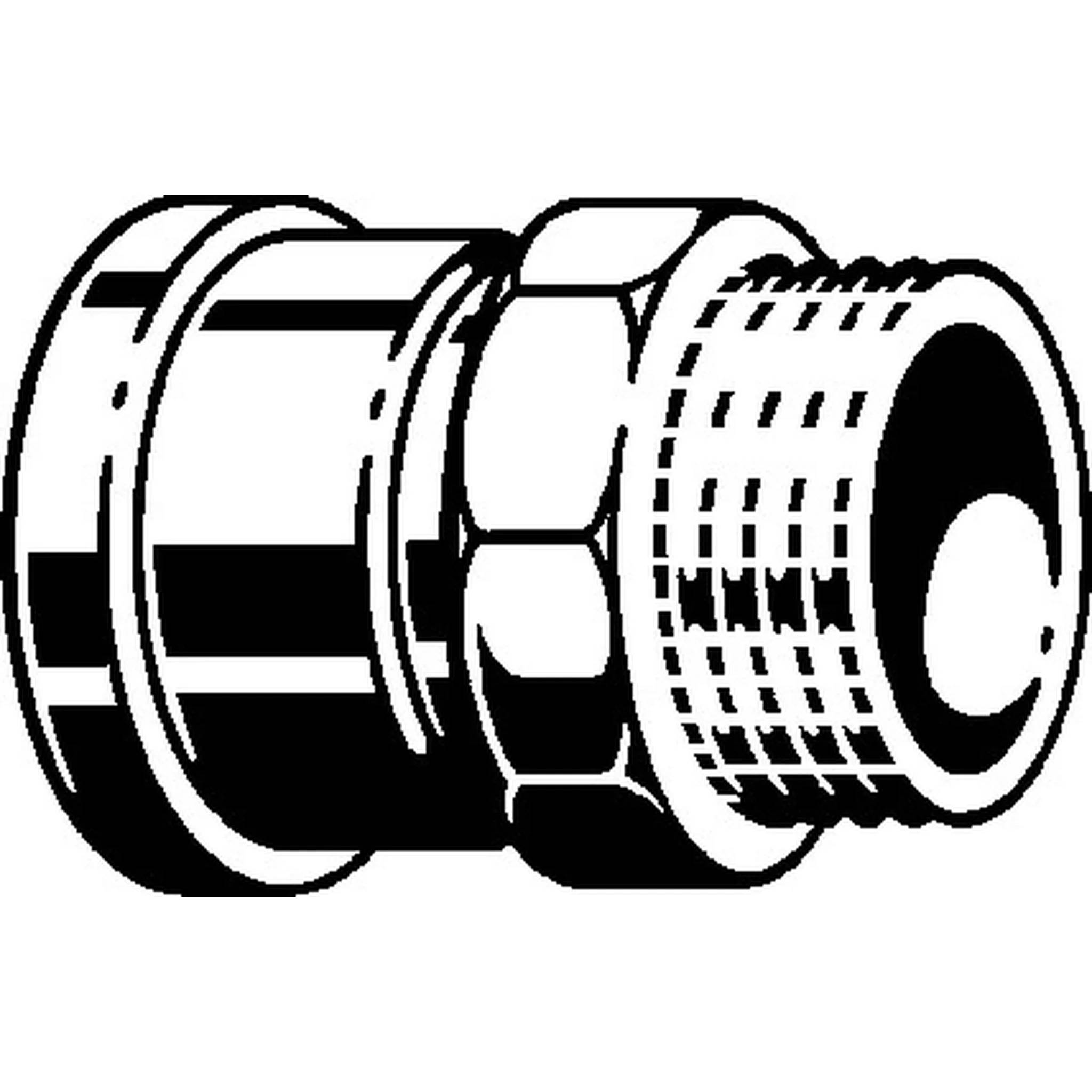 Schwarz-Weiß-Technische Zeichnung eines Rohrkonnektors mit Gewinde und einer Sechskantmutter in der Mitte und Flanschenden.