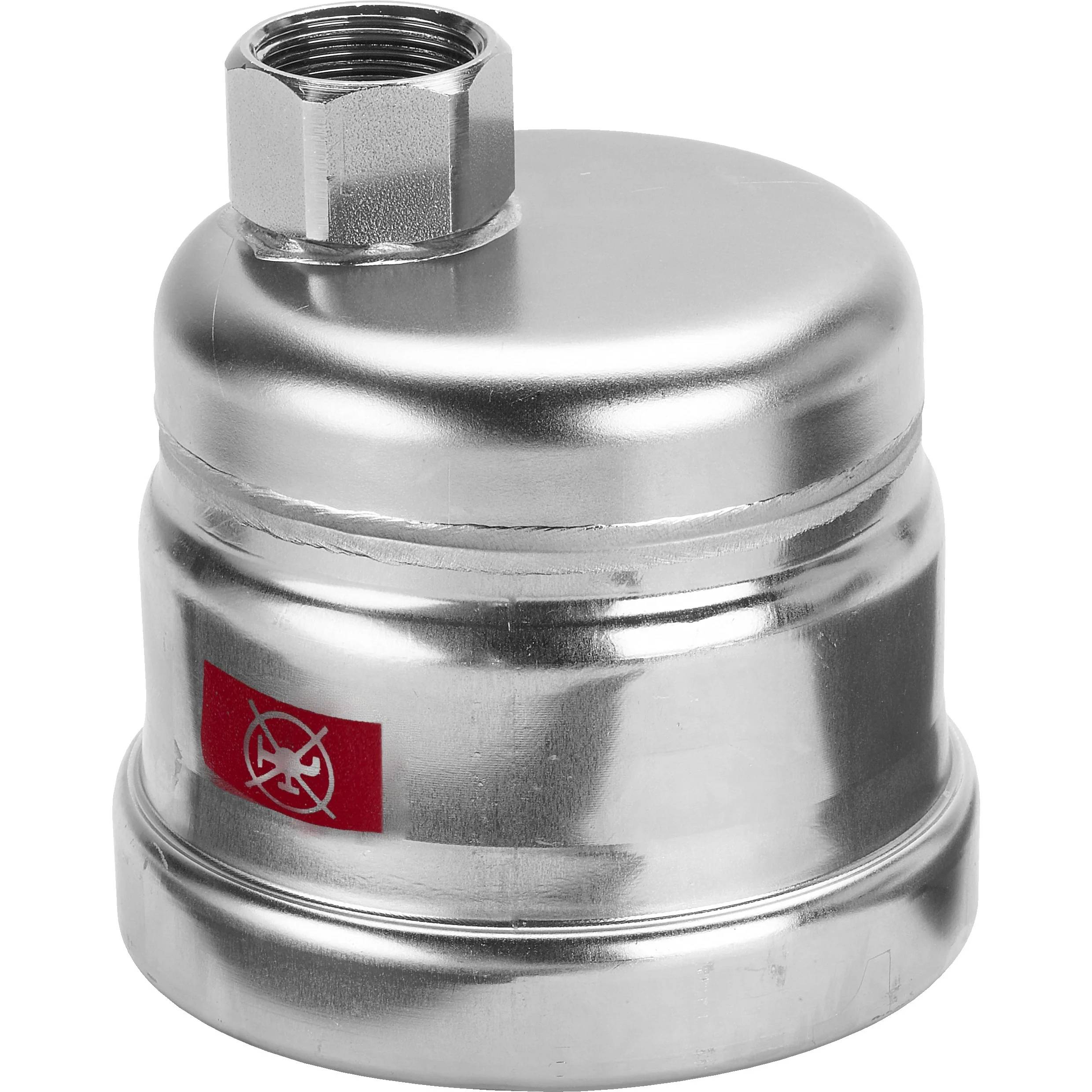Edelstahl-Zylinderfilter oder Tankdeckel mit Gewindelagerung oben und rotem Warnschild auf weißem Hintergrund.