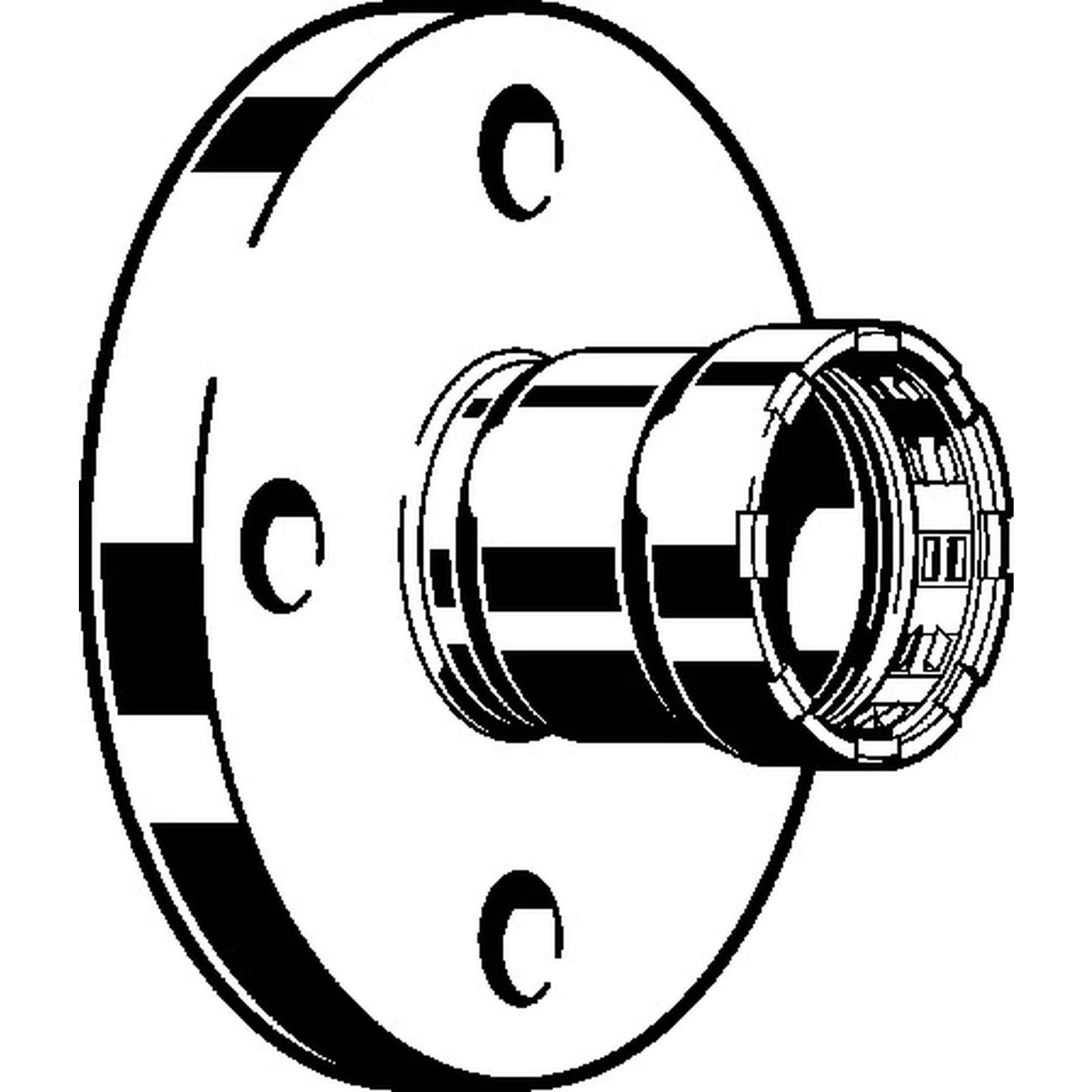 Schwarz-weiße technische Illustration einer kreisförmigen Flanschplatte mit drei Schraubenlöchern und einem vorstehenden zylindrischen Anschluss oder Rohrverschraubung.