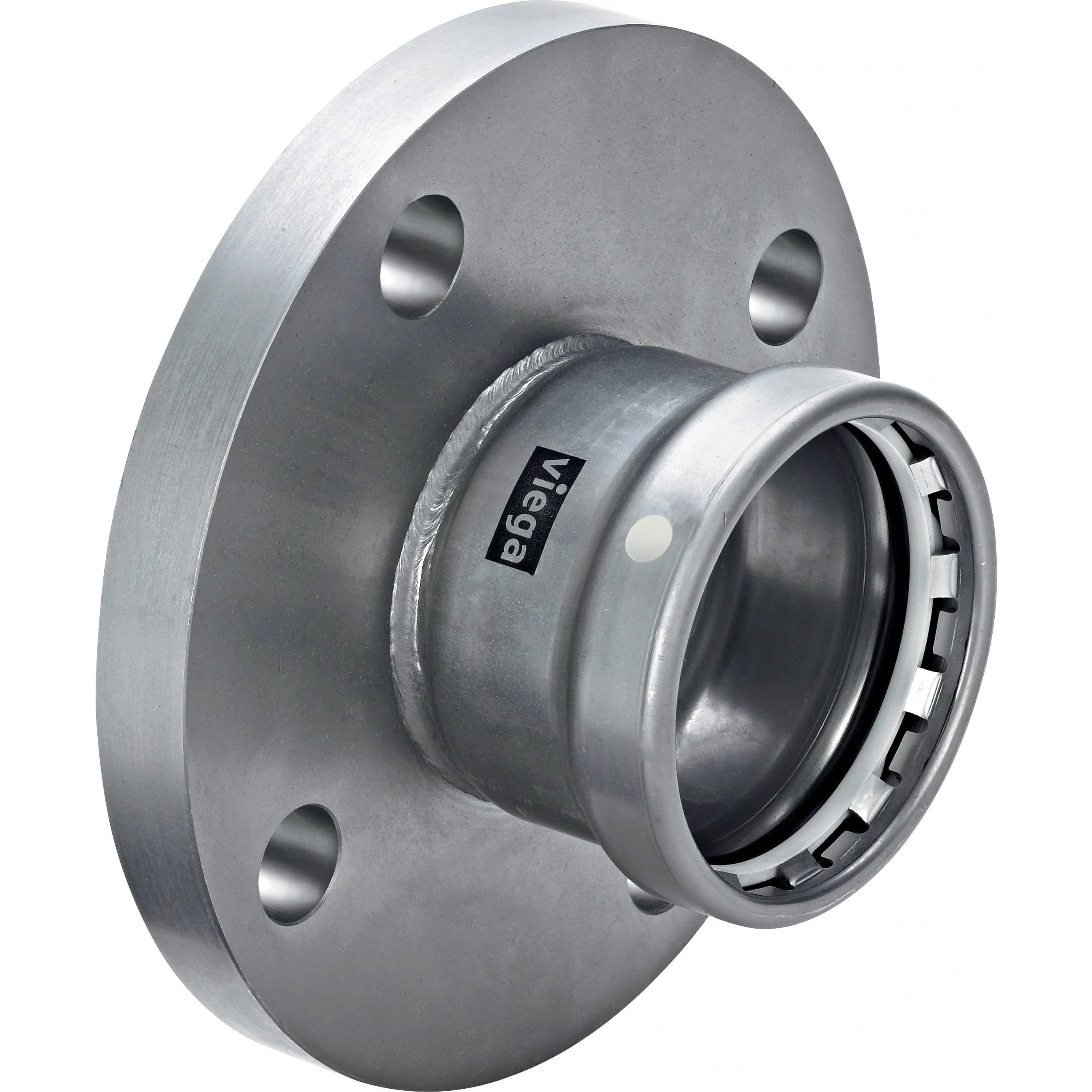 Metallisches Viega-Rohranschlussfitting mit Tellerflansch und zentraler Muffe, isoliert auf weißem Hintergrund.