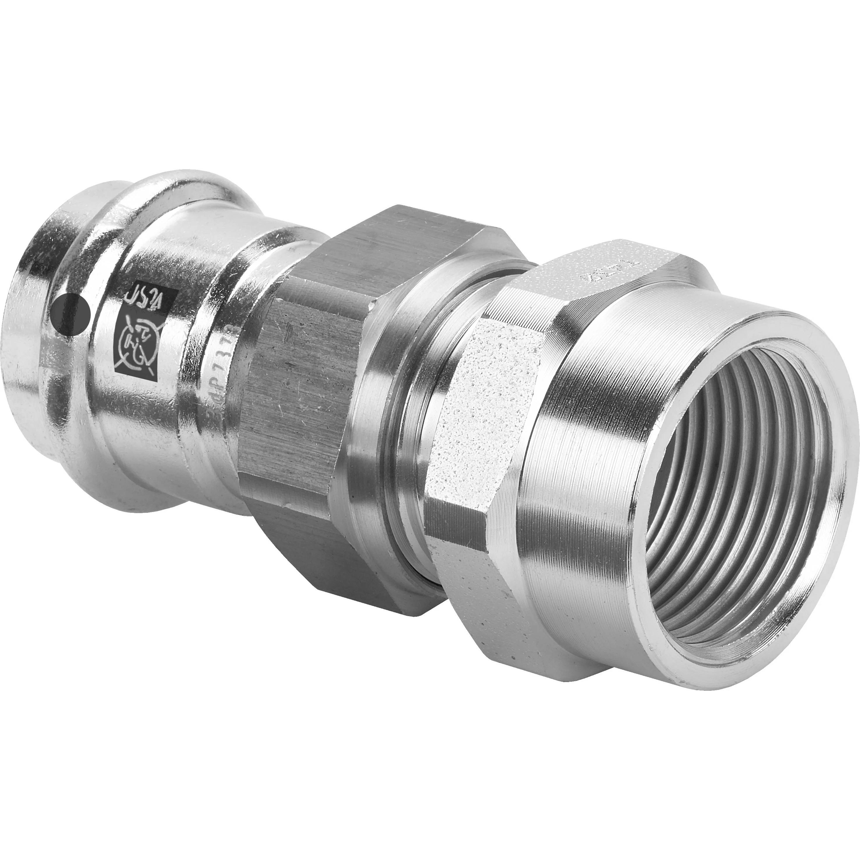 Metallisches Sanitärfitting mit Gewindemuffe und Sechskantabschnitten, dargestellt auf weißem Hintergrund.