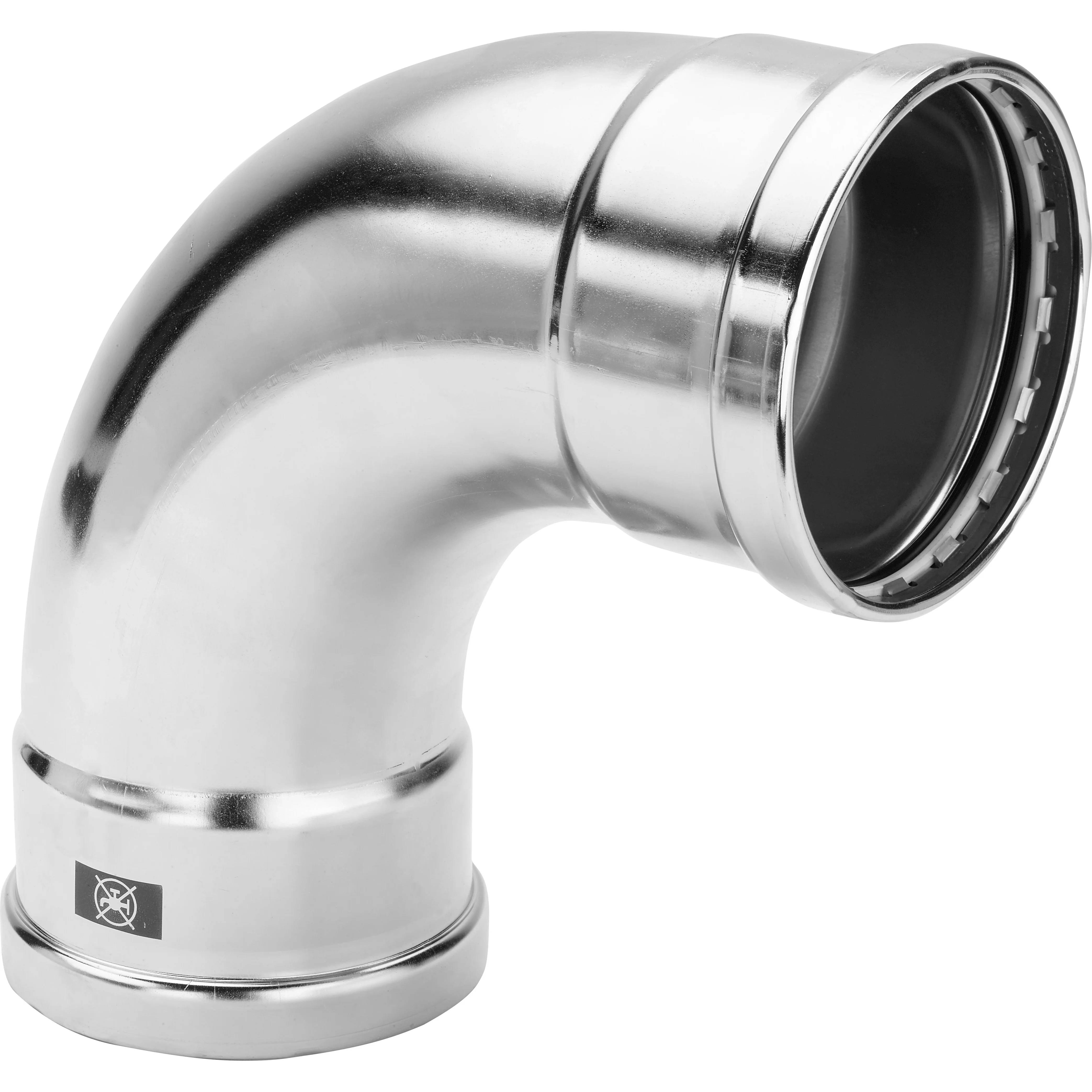 Silbermetall-Rohrbogen 90-Grad-Fitting mit Dichtungsöffnung, gezeigt auf weißem Hintergrund.