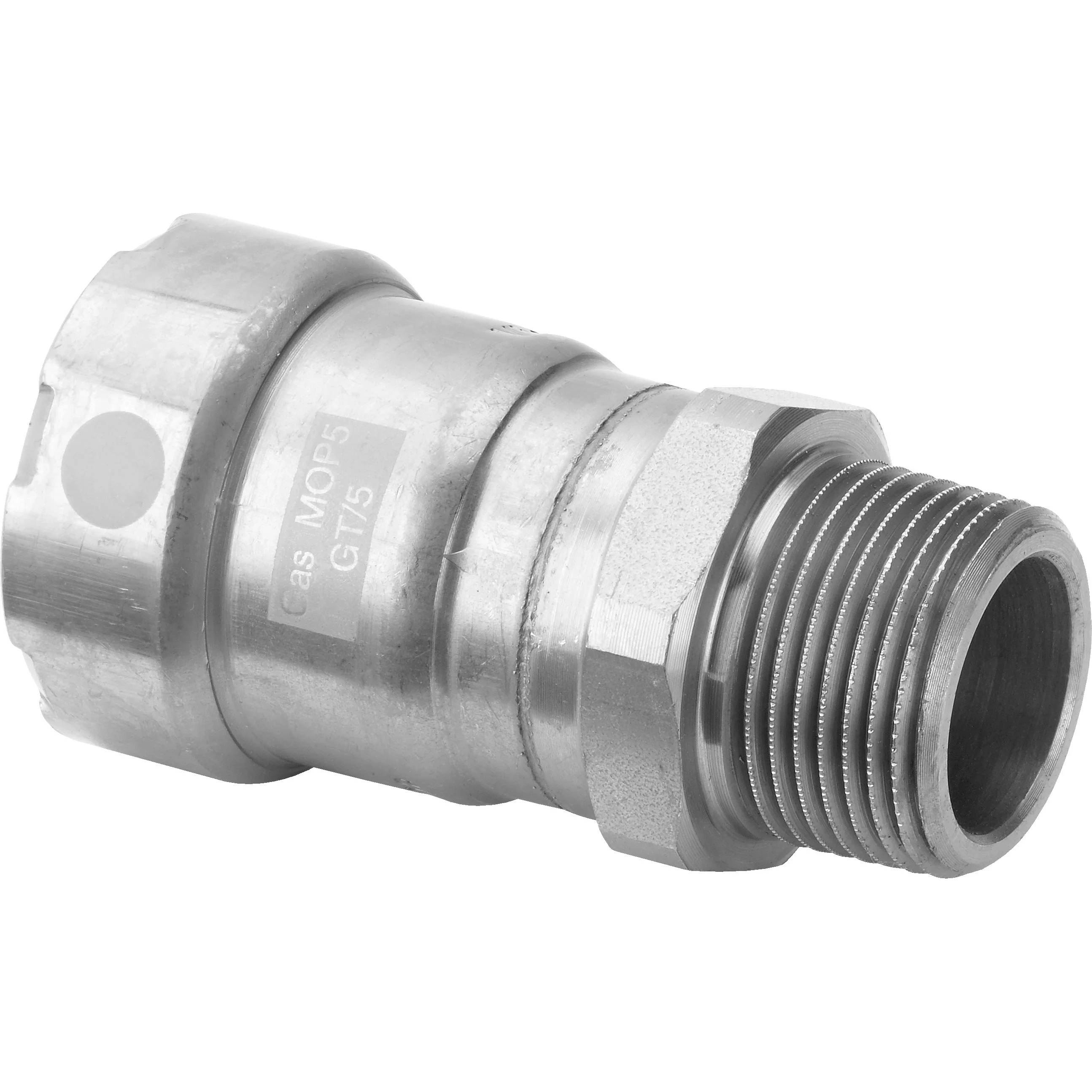 Metallrohrfitting mit Sechskantenden und Gewindeverbinder für Stecker, dargestellt auf weißem Hintergrund.