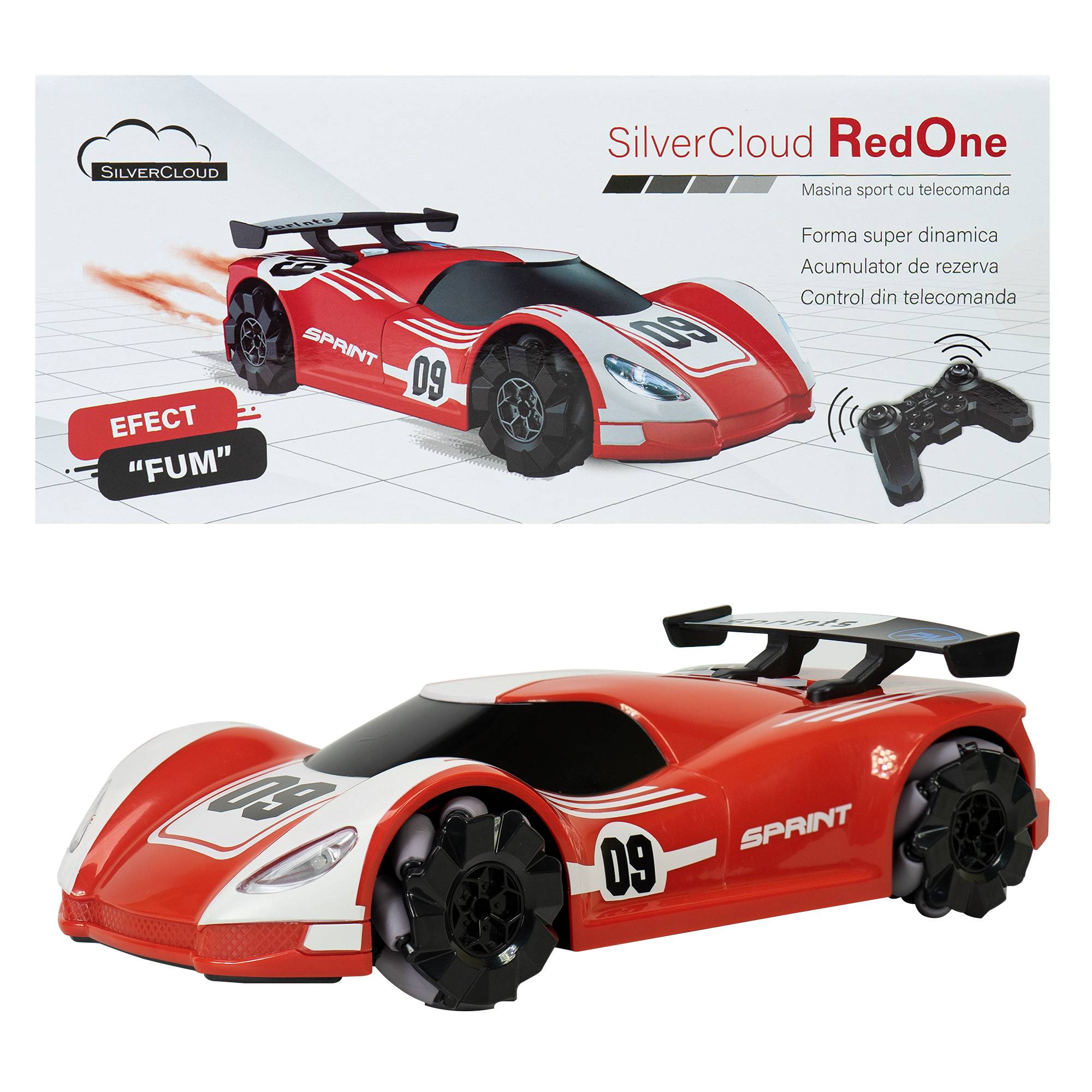 Silvercloud RedOne Sportwagenspielzeug mit Fernbedienung, mit „Rauch“-Effekt und LEDs, Ersatzbatterie 1500 mAh, omnidirektionale Bewegungen, rot