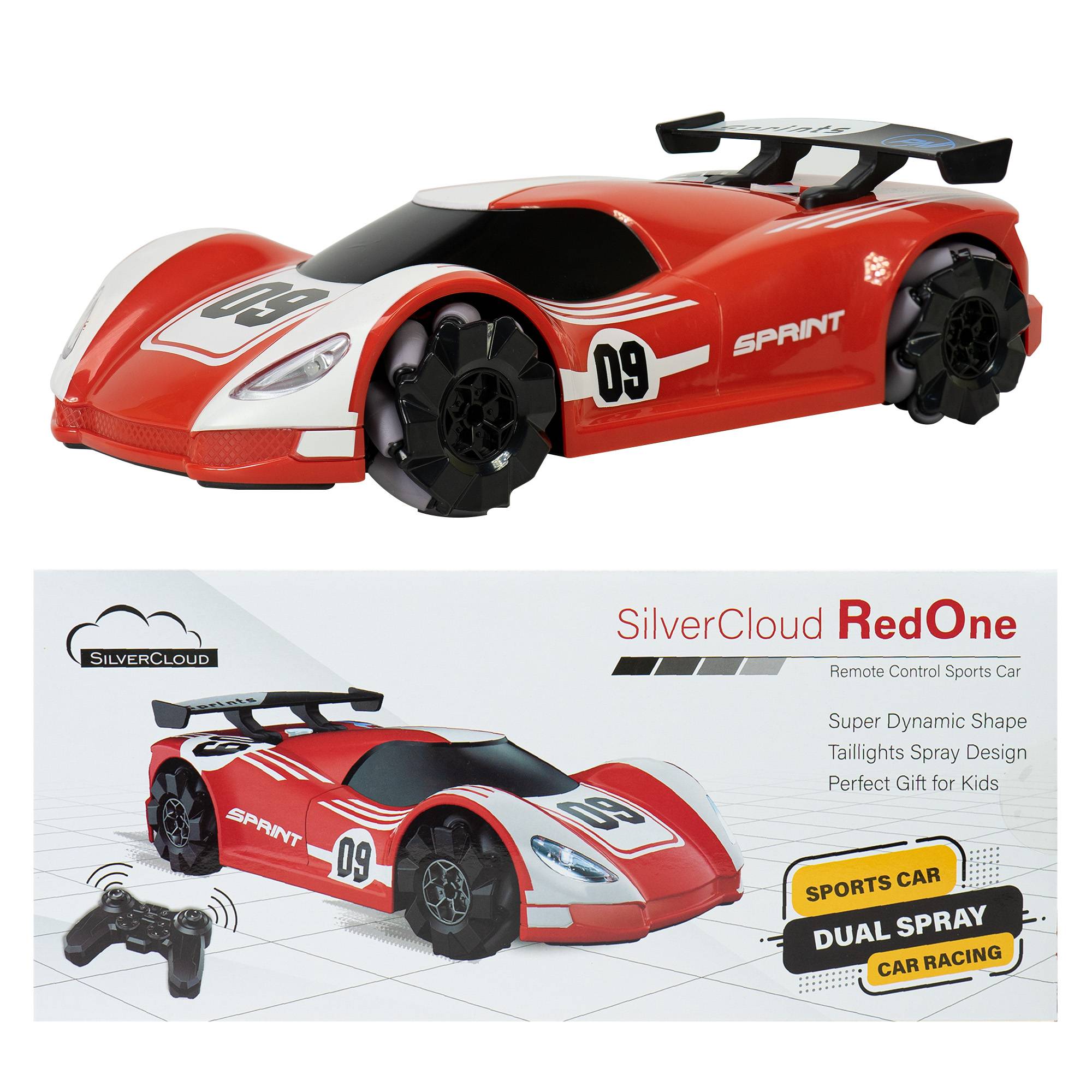Silvercloud RedOne Sportwagenspielzeug mit Fernbedienung, mit „Rauch“-Effekt und LEDs, Ersatzbatterie 1500 mAh, omnidirektionale Bewegungen, rot