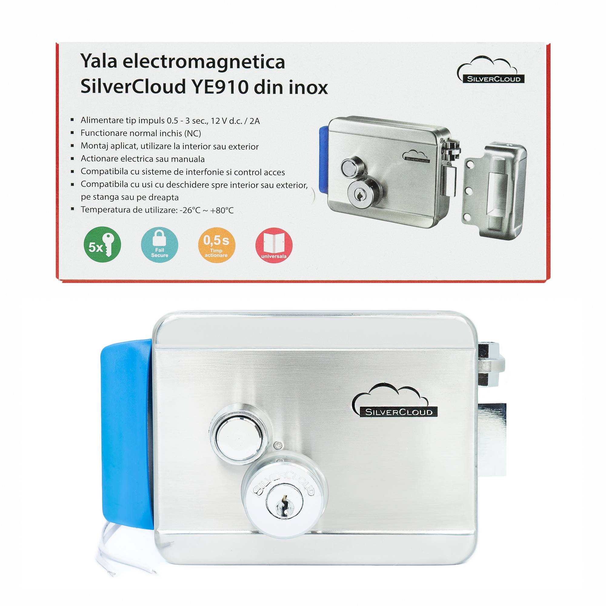 SilverCloud YE910 elektromagnetischer Strahl, 12V, aus Edelstahl, mit Doppelnabe und Taste, Fail Secure NC kompatibel mit Zutrittskontrollsystemen
