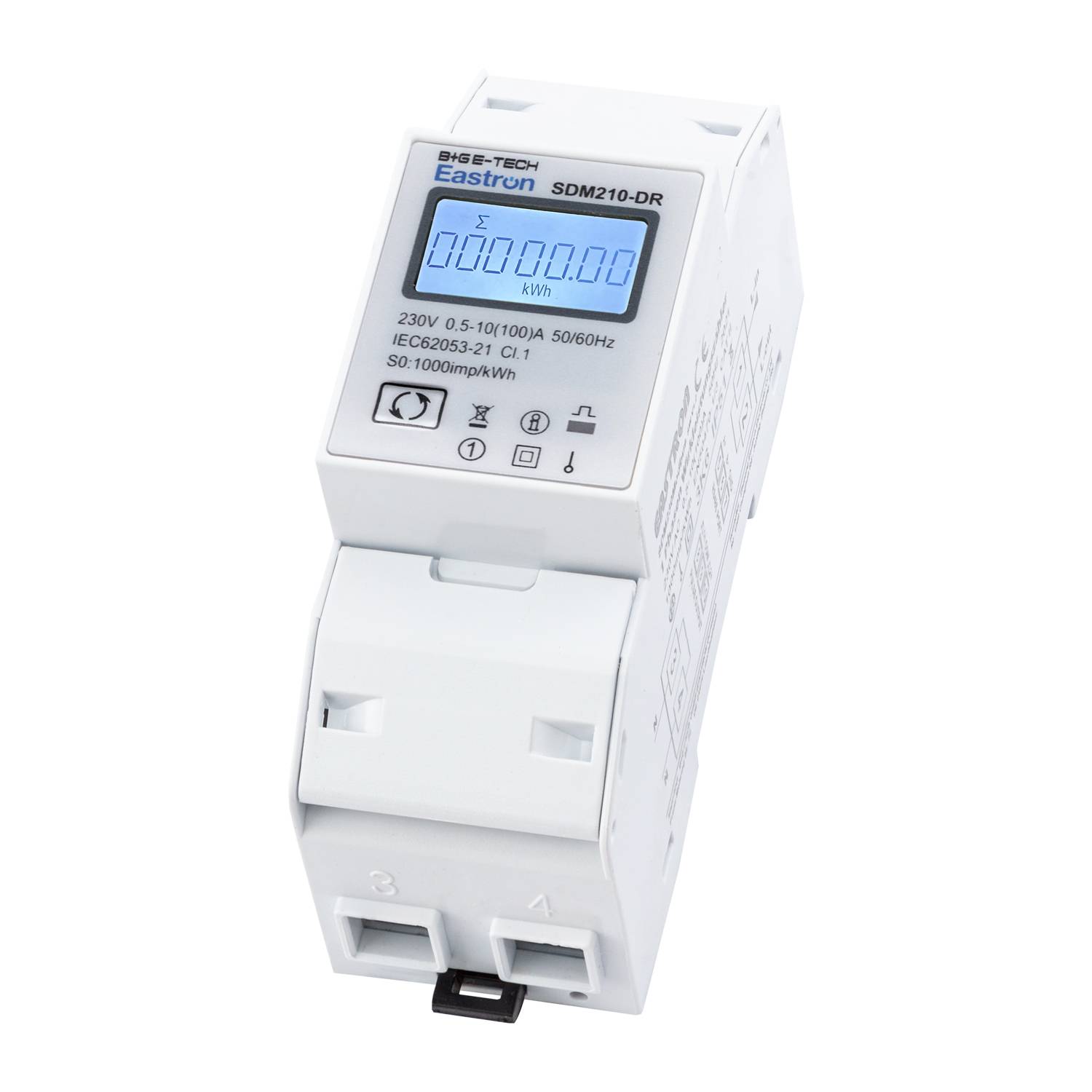 Weißer DIN-Schienen-Stromzähler mit blauem digitalen LCD-Display, gekennzeichnet mit Eastron SDM210-DR, auf weißem Hintergrund abgebildet.