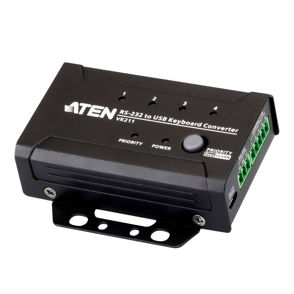 ATEN RS-232 zu USB Tastatur-Konverterbox mit vier nummerierten Anschlüssen, Stromversorgungs- und Prioritätsschaltern sowie grünen Terminalanschlüssen.