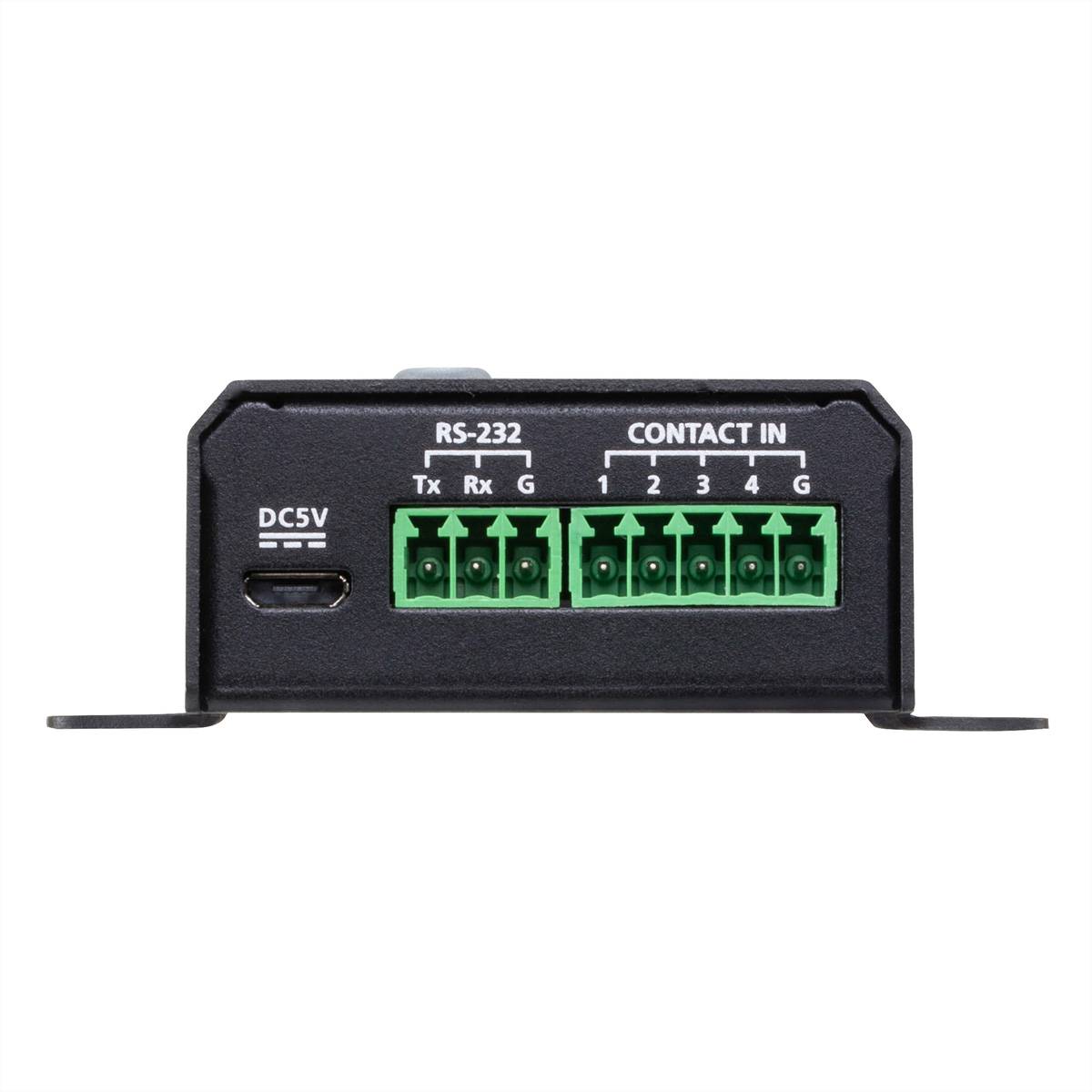 Vorderansicht eines schwarzen Schnittstellenmoduls mit einem DC 5V-Anschluss, RS-232-Anschlüssen mit der Bezeichnung Tx/Rx/G und einer Anschlussleiste mit der Bezeichnung "CONTACT IN"" mit den Markierungen 1-4/G.