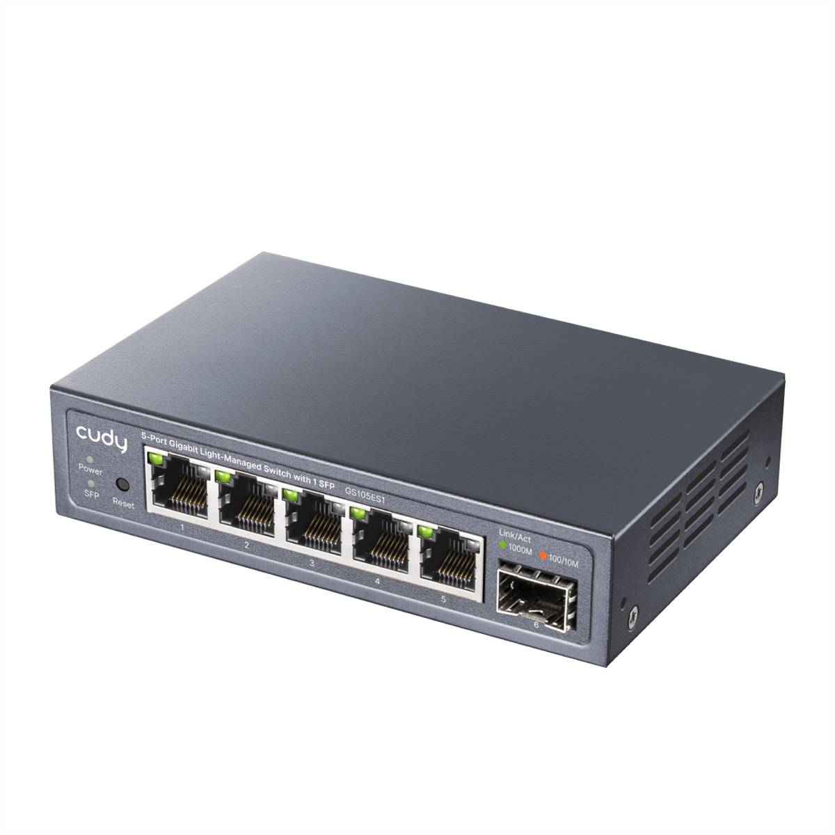Black Cudy Netzwerk-Switch mit fünf Ethernet-Anschlüssen und Status-LEDs auf der Frontblende.