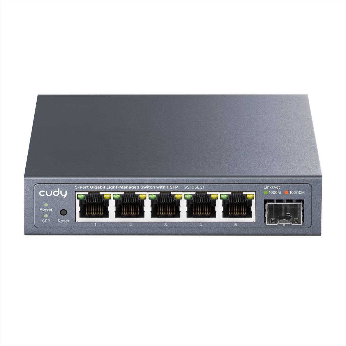 Frontansicht eines grauen Cudy 5-Port-Gigabit-Light-Managed-Netzwerk-Switches mit einem SFP-Steckplatz und Statusanzeigen auf weißem Hintergrund.