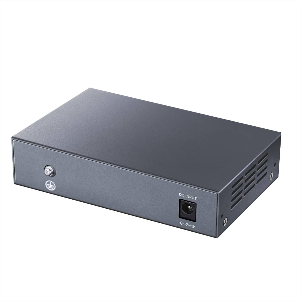Kompakte dunkelgraue elektronische Gerätebox mit vorderer Stromschaltfläche, DC-Eingangsbuchse und seitlichen Belüftungsschlitzen auf weißem Hintergrund.