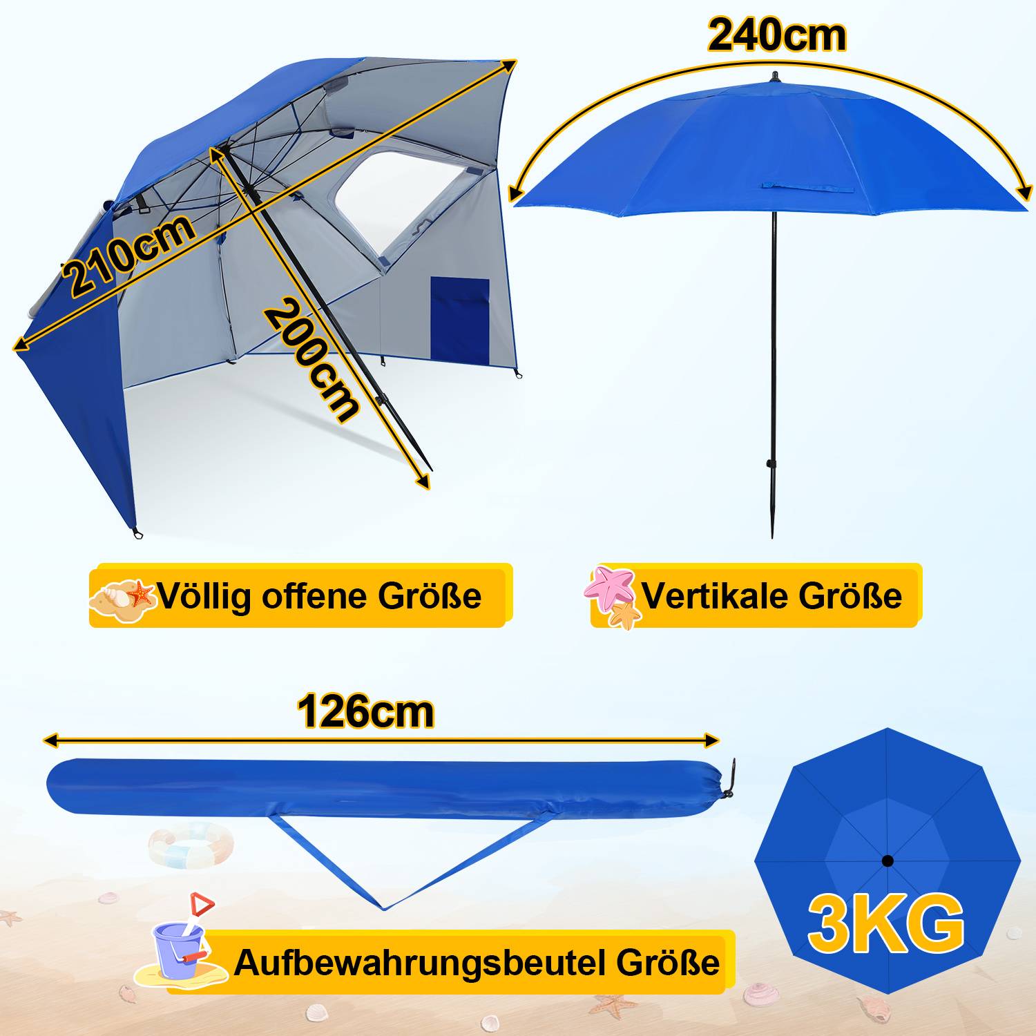 Strandschirm 210 cm mit Tragetasche, UV50+ Sonnenschutz, neigbar, leichter Gartenschirm für Strand Camping Terrasse Blau