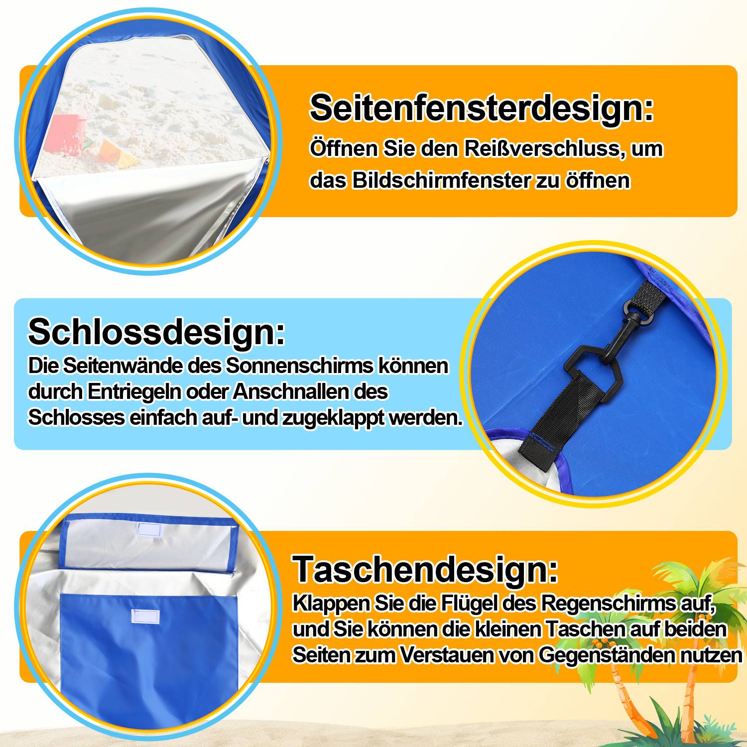 Strandschirm 210 cm mit Tragetasche, UV50+ Sonnenschutz, neigbar, leichter Gartenschirm für Strand Camping Terrasse Blau