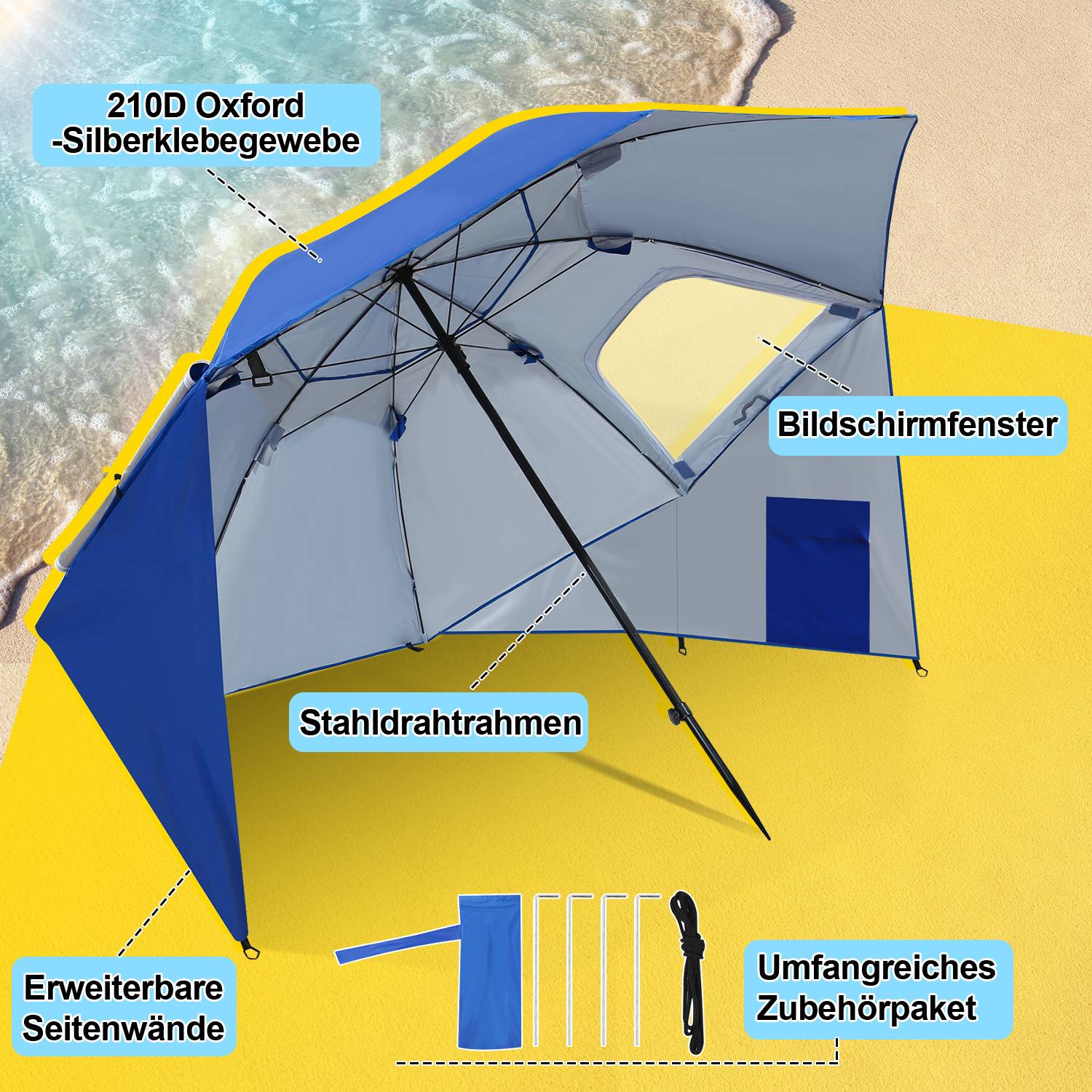 Strandschirm 210 cm mit Tragetasche, UV50+ Sonnenschutz, neigbar, leichter Gartenschirm für Strand Camping Terrasse Blau