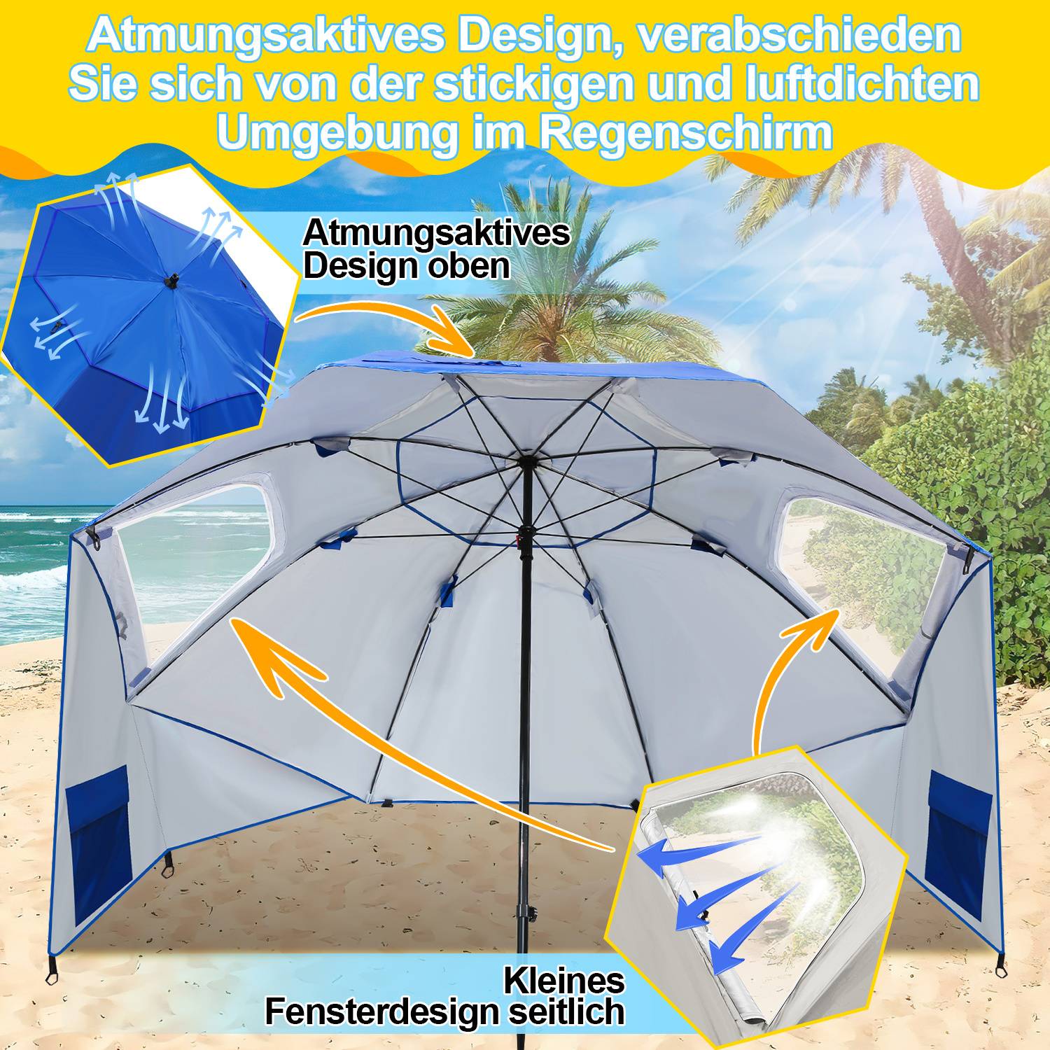 Strandschirm 210 cm mit Tragetasche, UV50+ Sonnenschutz, neigbar, leichter Gartenschirm für Strand Camping Terrasse Blau