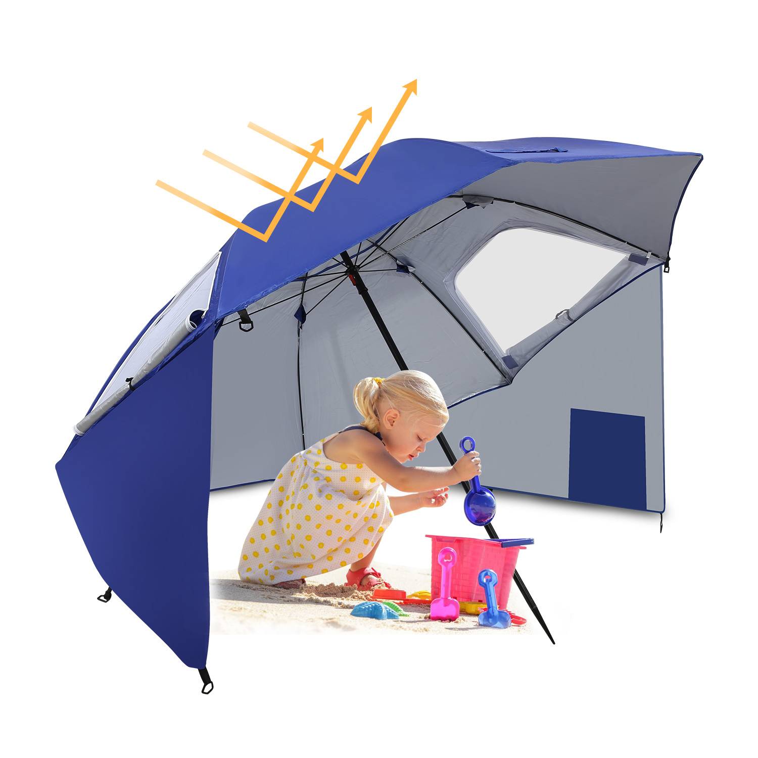 Strandschirm 210 cm mit Tragetasche, UV50+ Sonnenschutz, neigbar, leichter Gartenschirm für Strand Camping Terrasse Blau