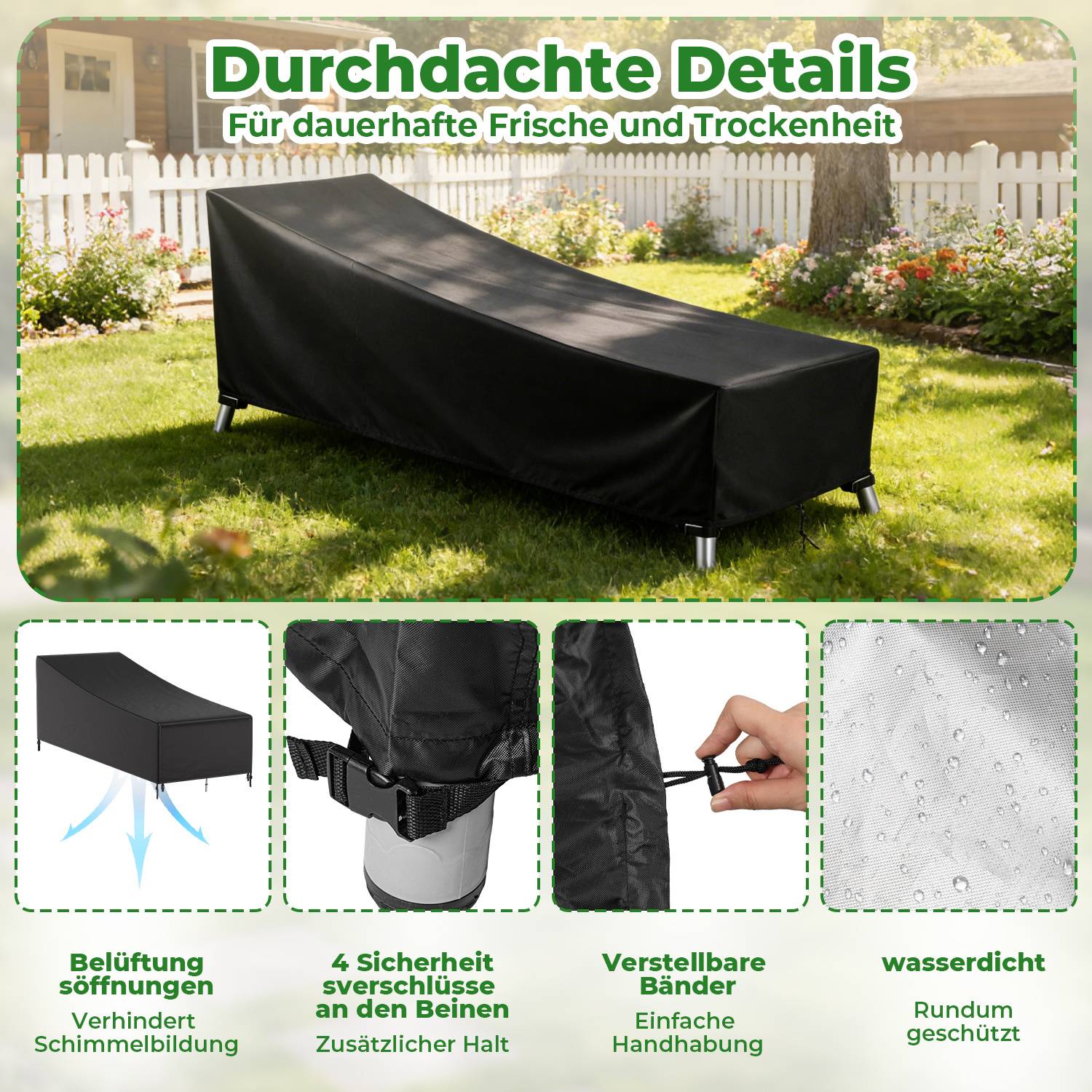 Gartenliege Abdeckung 200×75×40/70 cm, Wasserdichte Schutzhülle aus 420D Oxford-Gewebe, UV-beständig, Reißfest, mit Befestigungsschnur