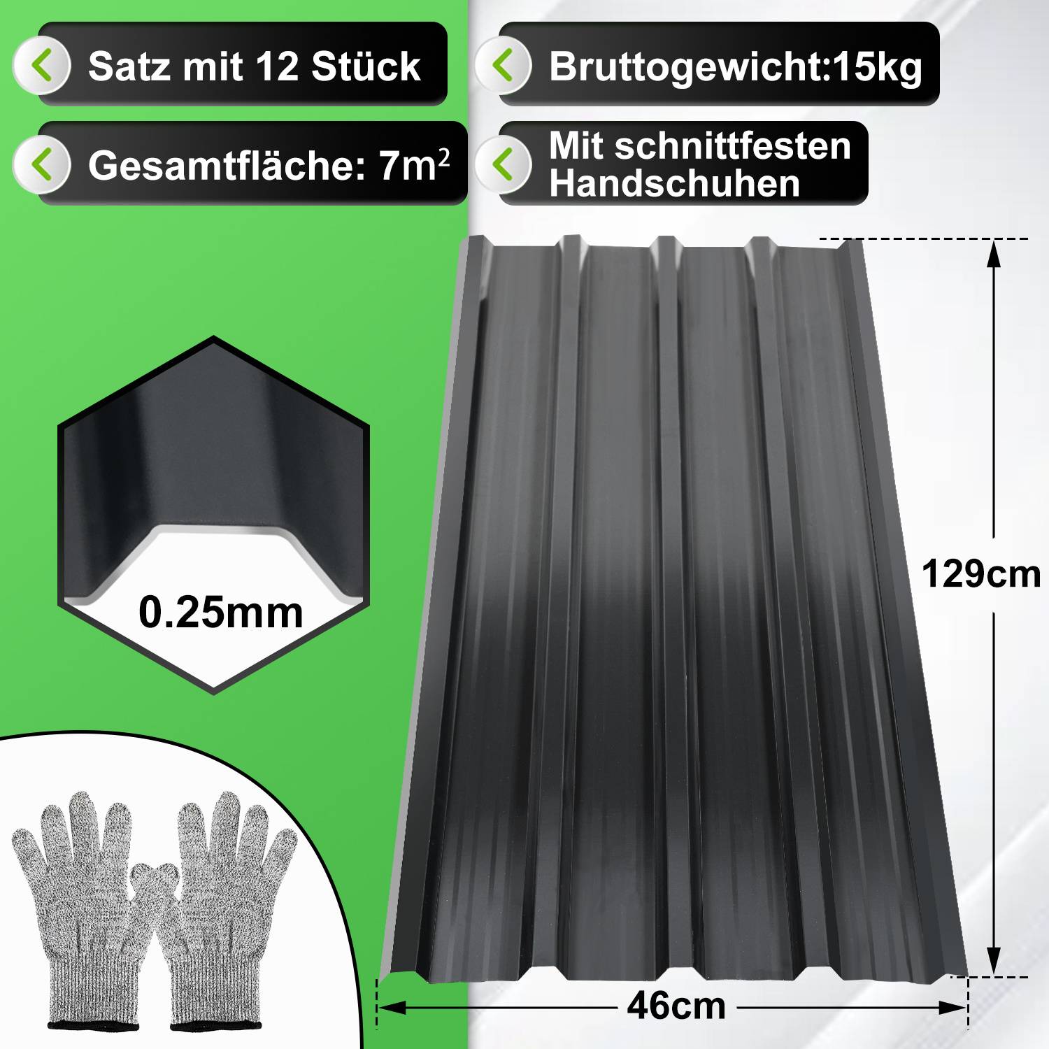 12x Profilblech Trapezblech Dachblech, Verzinktes Stahlblech - Wellenprofil in Anthrazit, Stahl Außenbereich Dachplatten, für Dächer, Carports