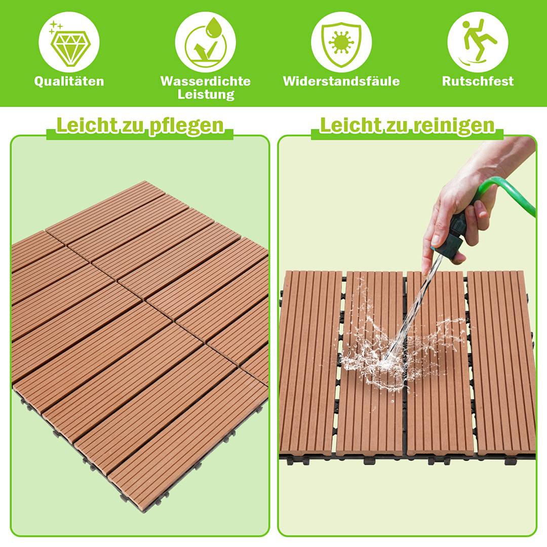 Terrassenfliesen Braun 66 Stück (6m²) Klickfliesen in Holzoptik, WPC Fliese，30 x 30cm