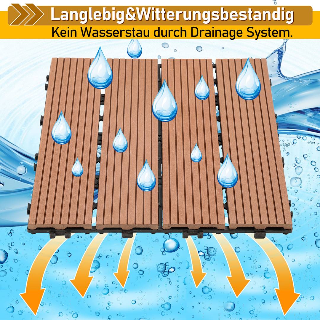 Terrassenfliesen Braun 55 Stück (5m²) Klickfliesen in Holzoptik, WPC Fliese，30 x 30cm