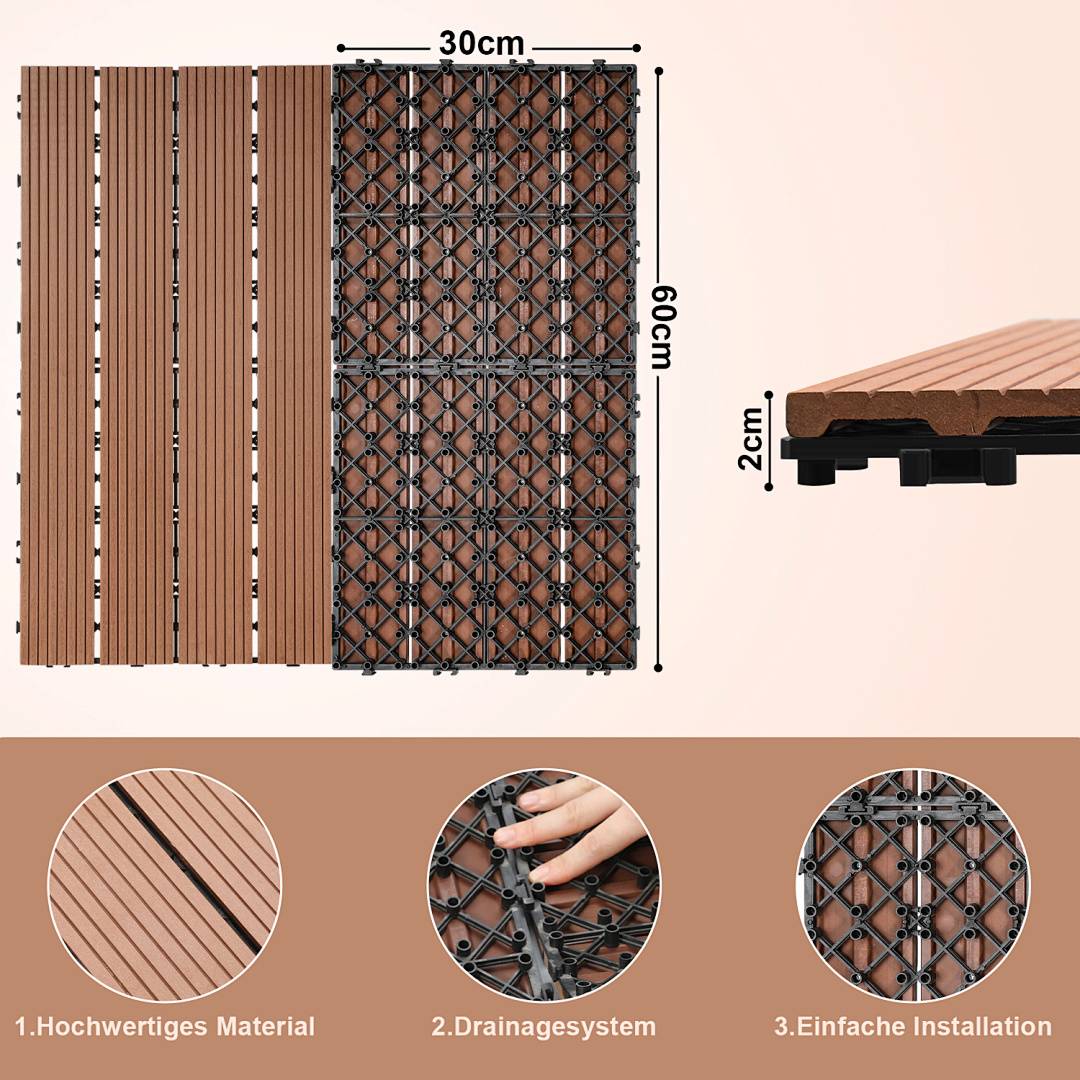 30 x 60cm Braun Terrassenfliesen 48 Stück Klickfliesen in Holzoptik, WPC Fliese