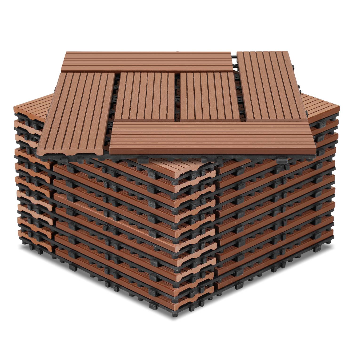 Stapel von braunen Holzbelag-Fliesen mit lamelliger Oberflächenstruktur, dargestellt als modulares Bodenpanelsystem.