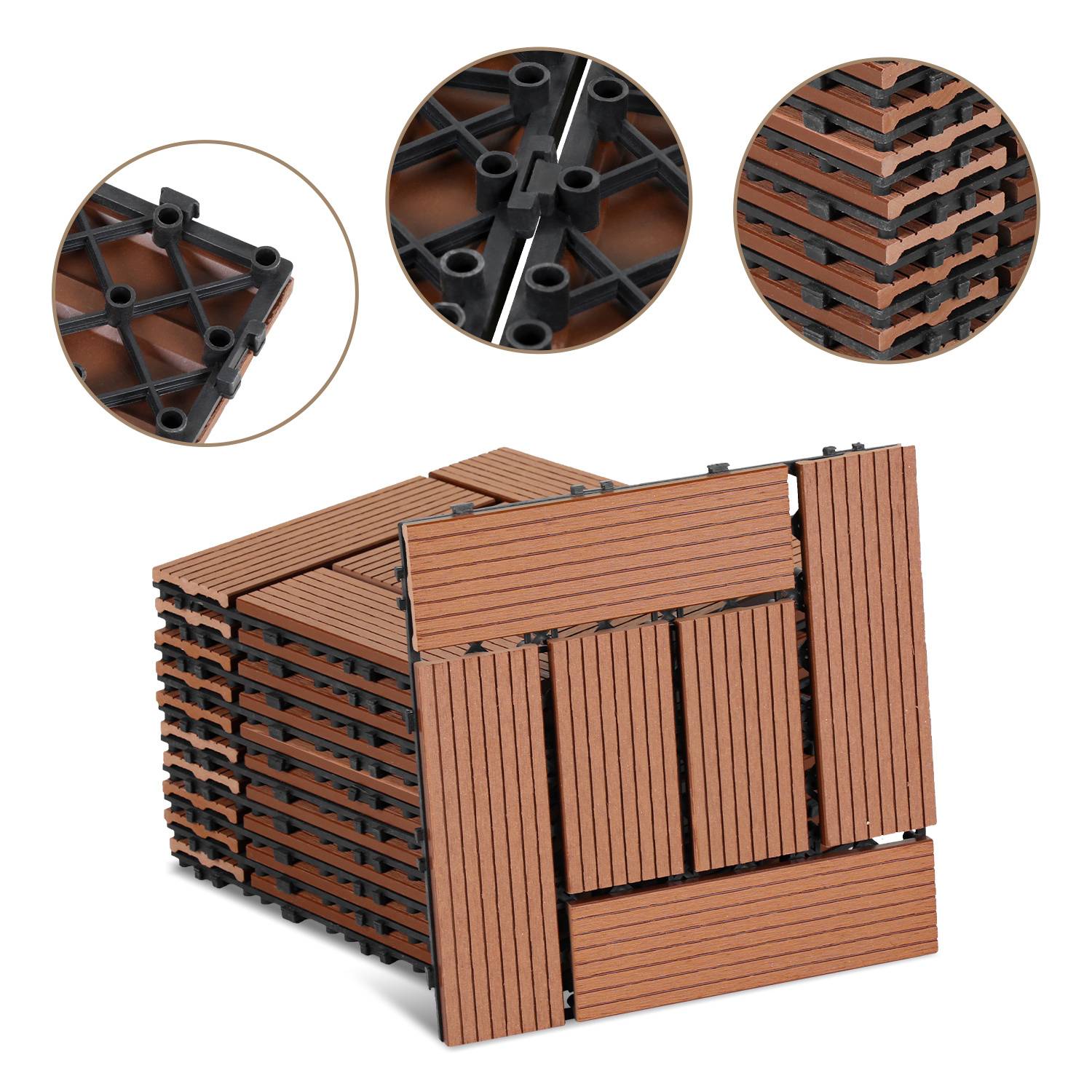 WPC Terrassenfliesen 44er Spar Set für 4m², 30x30 cm, Braun in Holzoptik, für Garten Balkon Bodenbelag mit Drainage und Klicksystem