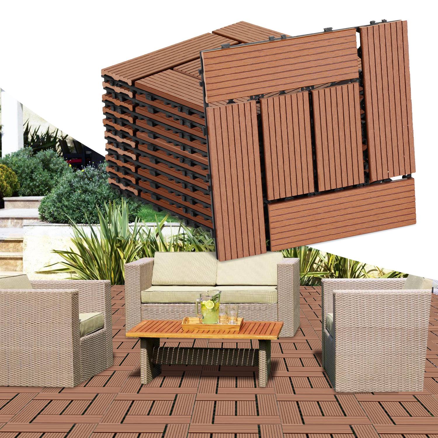 WPC Terrassenfliesen 55er Spar Set für 5m², 30x30 cm, Braun in Holzoptik, für Garten Balkon Bodenbelag mit Drainage und Klicksystem