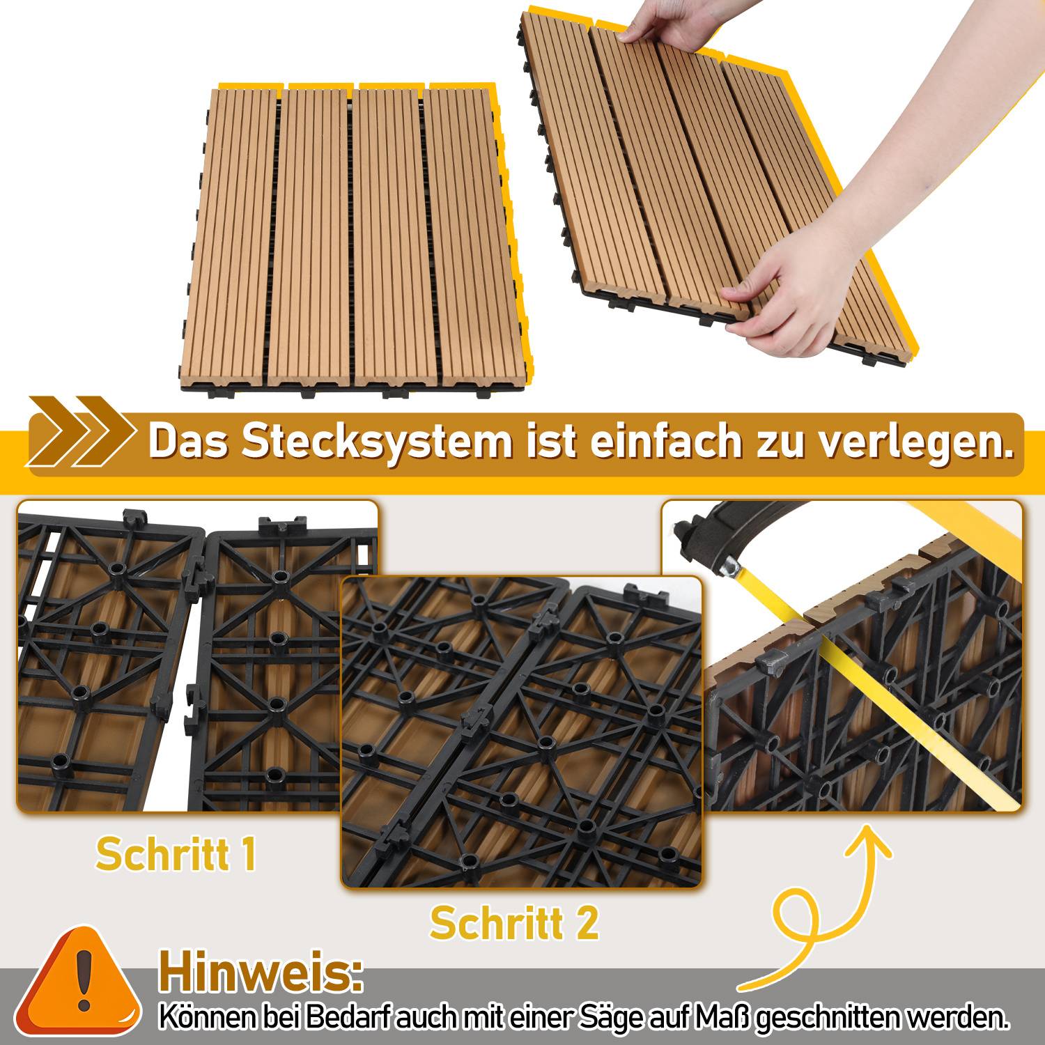48er Set WPC Terrassenfliesen für Garten, 4 Lamellen, 30 × 60 cm, Klicksystem, Holz-Kunststoff-Verbund in Teakoptik