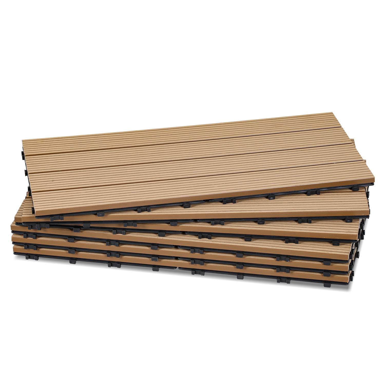 12er Set WPC Terrassenfliesen für Garten, 4 Lamellen, 30 × 60 cm, Klicksystem, Holz-Kunststoff-Verbund in Teakoptik