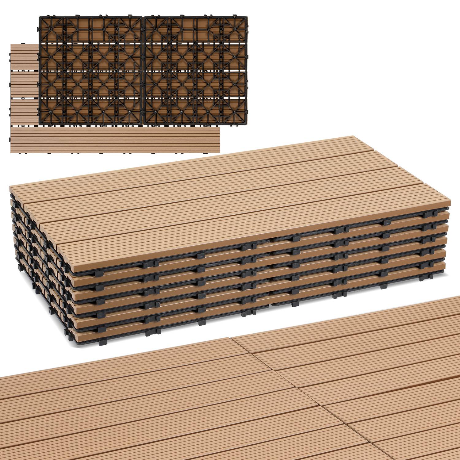 3D-Darstellung von modularen Terrassenfliesen oder lamellierenden Holzpaneelen, die zu einem rechteckigen Stapel gestapelt sind, mit Ober- und Unterseiten-Ansichten, die das Stützgitter zeigen.