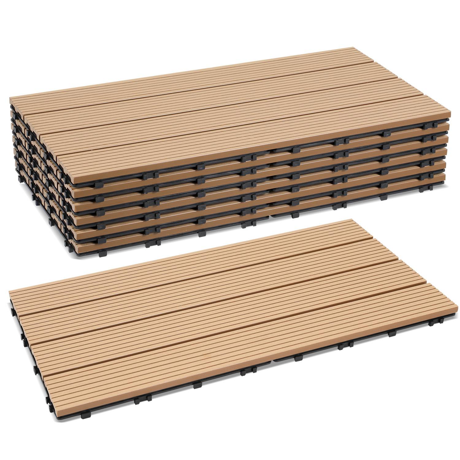 48er Set WPC Terrassenfliesen für Garten, 4 Lamellen, 30 × 60 cm, Klicksystem, Holz-Kunststoff-Verbund in Teakoptik