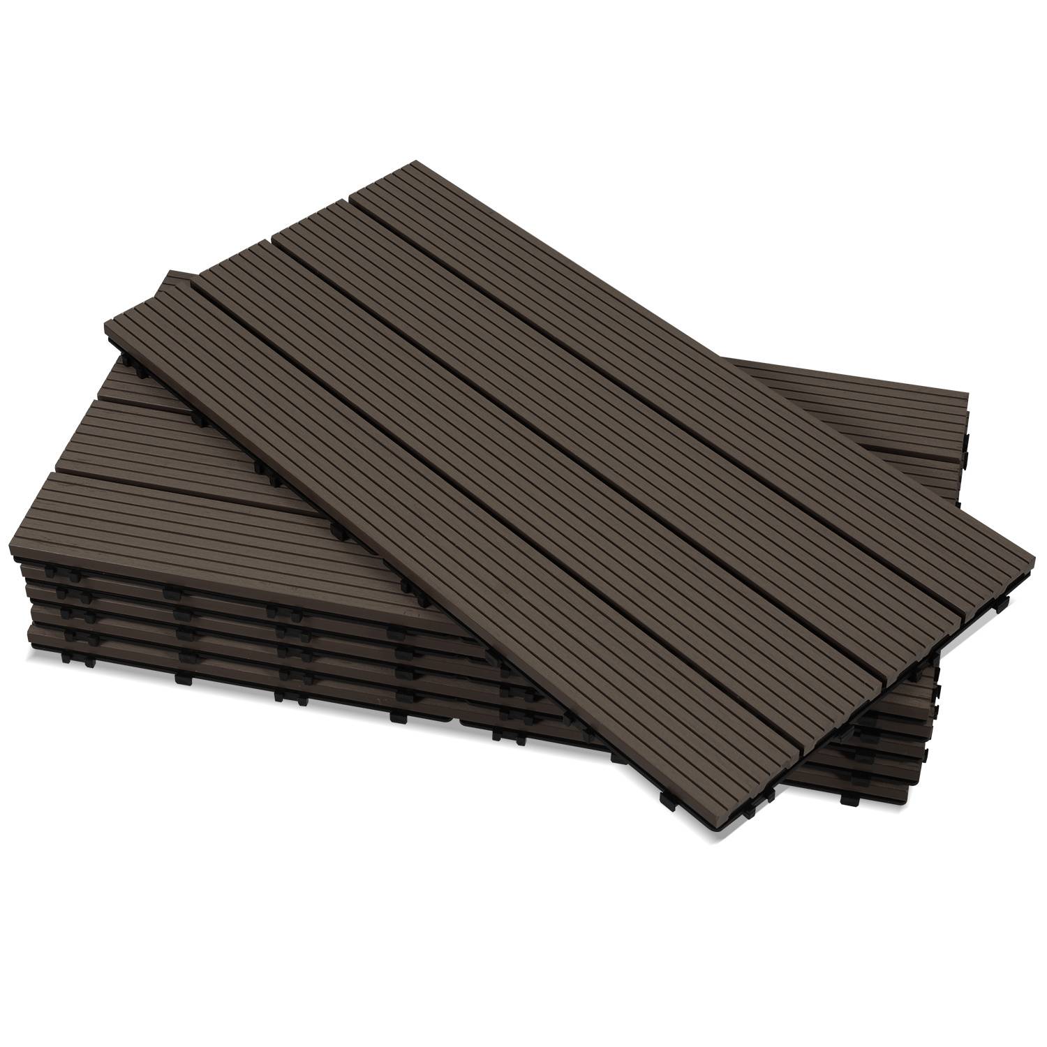 6er Set WPC Terrassenfliesen für Garten Balkon Bodenbelag, 4 Lamellen, 30 × 60 cm, Klicksystem, Kaffee braun