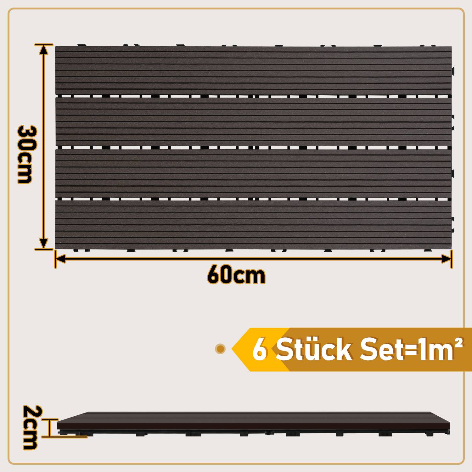 6er Set WPC Terrassenfliesen für Garten Balkon Bodenbelag, 4 Lamellen, 30 × 60 cm, Klicksystem, Kaffee braun