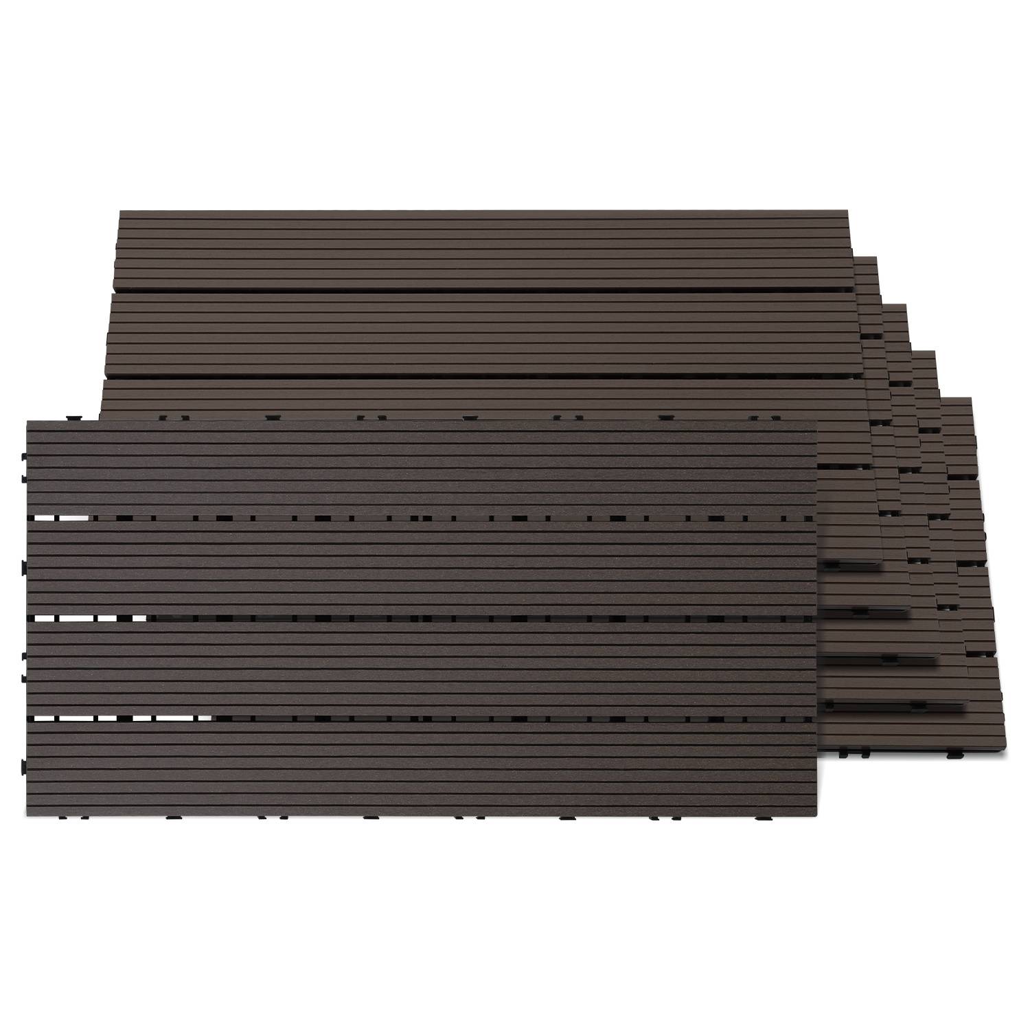 30er Set WPC Terrassenfliesen für Garten Balkon Bodenbelag, 4 Lamellen, 30 × 60 cm, Klicksystem, Kaffee braun