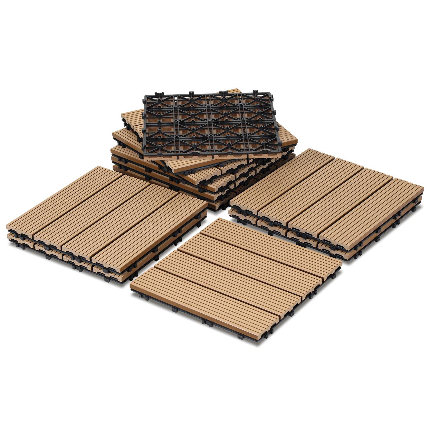 11pcs WPC Terrassenfliesen für Garten Balkon Bodenbelag 30x30cm Teak mit Drainage und Klicksystem