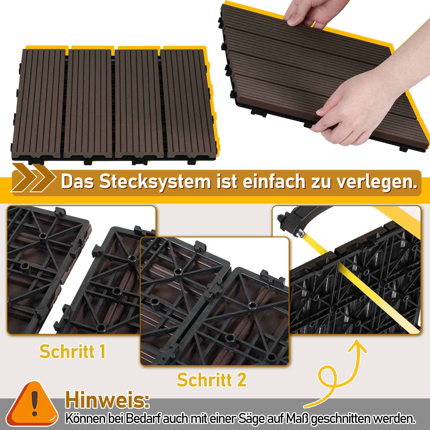 33pcs WPC Terrassenfliesen für Garten Balkon Bodenbelag 30x30cm Dunkelbraun mit Drainage und Klicksystem