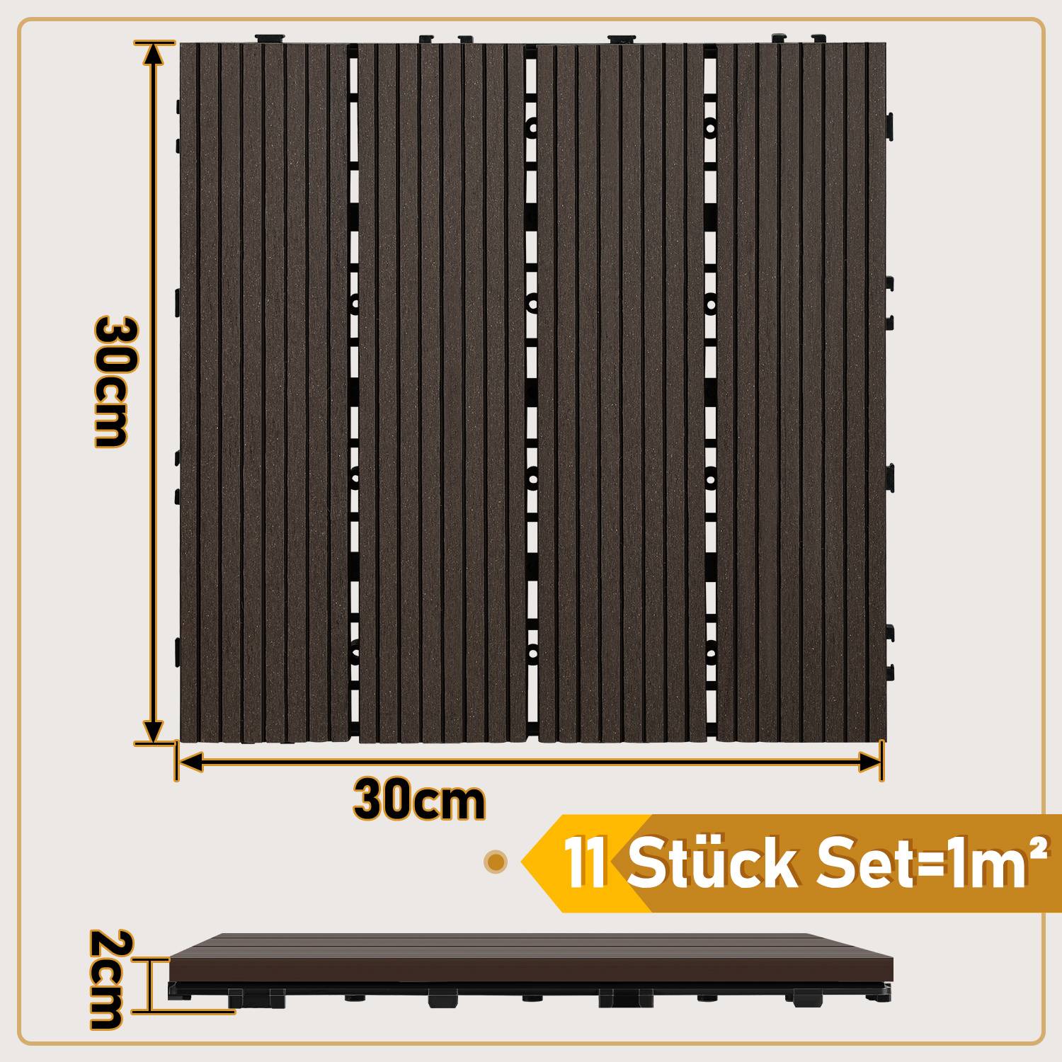 33pcs WPC Terrassenfliesen für Garten Balkon Bodenbelag 30x30cm Dunkelbraun mit Drainage und Klicksystem
