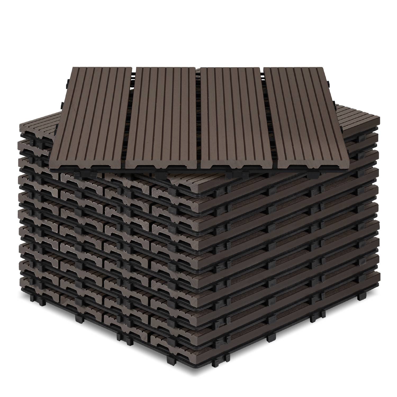 22pcs WPC Terrassenfliesen für Garten Balkon Bodenbelag 30x30cm Dunkelbraun mit Drainage und Klicksystem