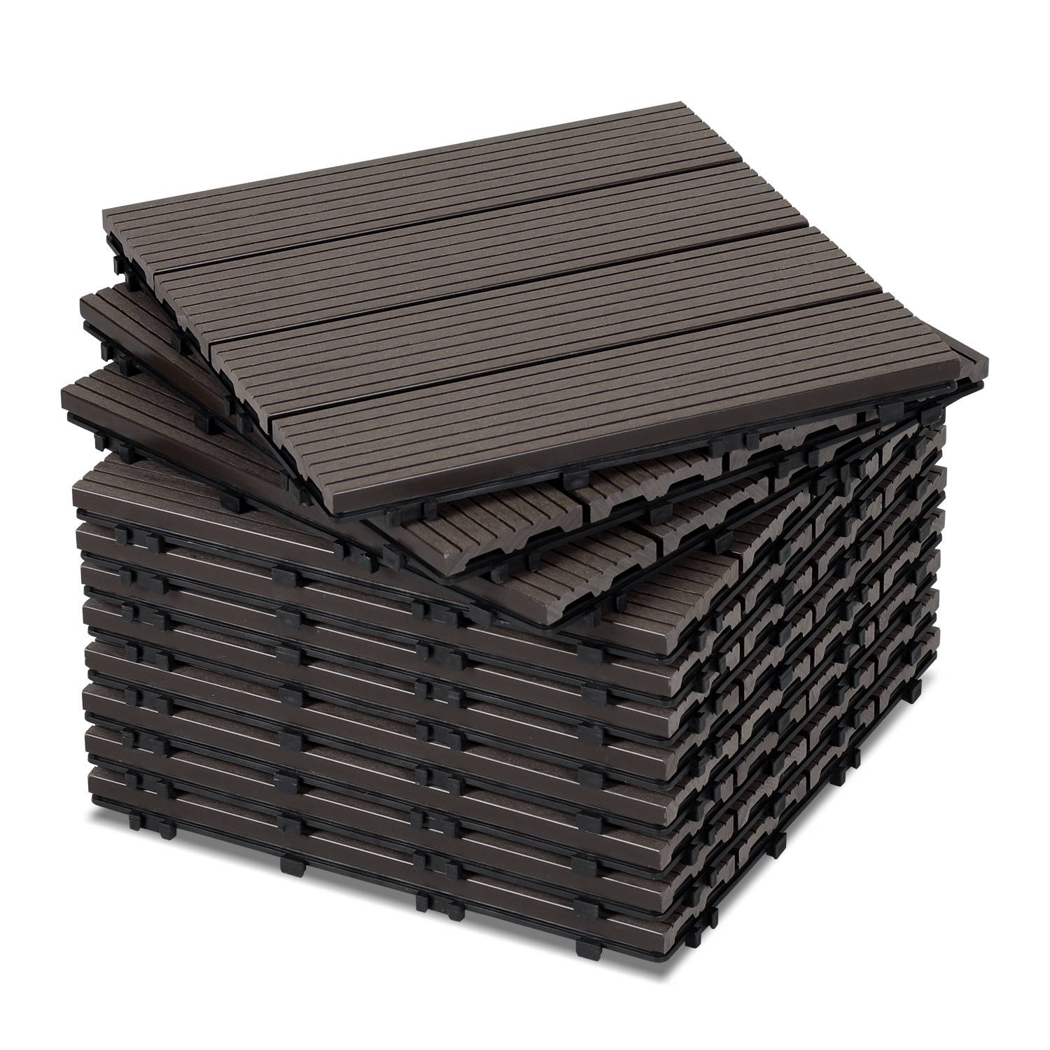 33pcs WPC Terrassenfliesen für Garten Balkon Bodenbelag 30x30cm Dunkelbraun mit Drainage und Klicksystem