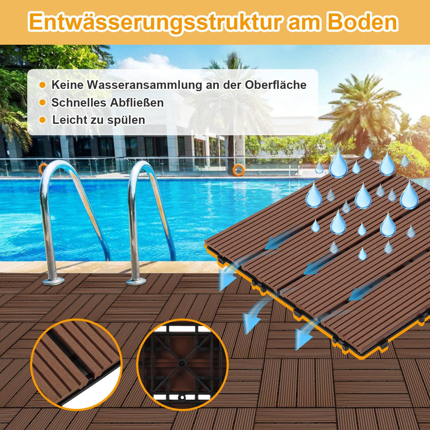 Terrassenfliesen 5m² Holzfliesen für Terrasse Balkon Terrassenfliesen Holz Fliesen mit Klicksystem 30x30 cm 55 Stück Braun