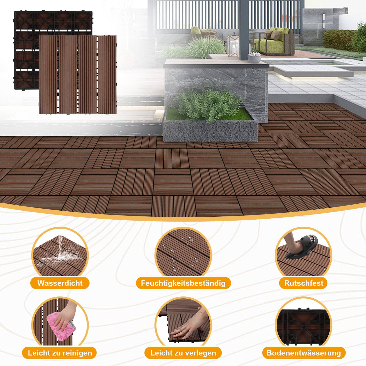 Terrassenfliesen 8m² Holzfliesen für Terrasse Balkon Terrassenfliesen Holz Fliesen mit Klicksystem 30x30 cm 88 Stück Braun