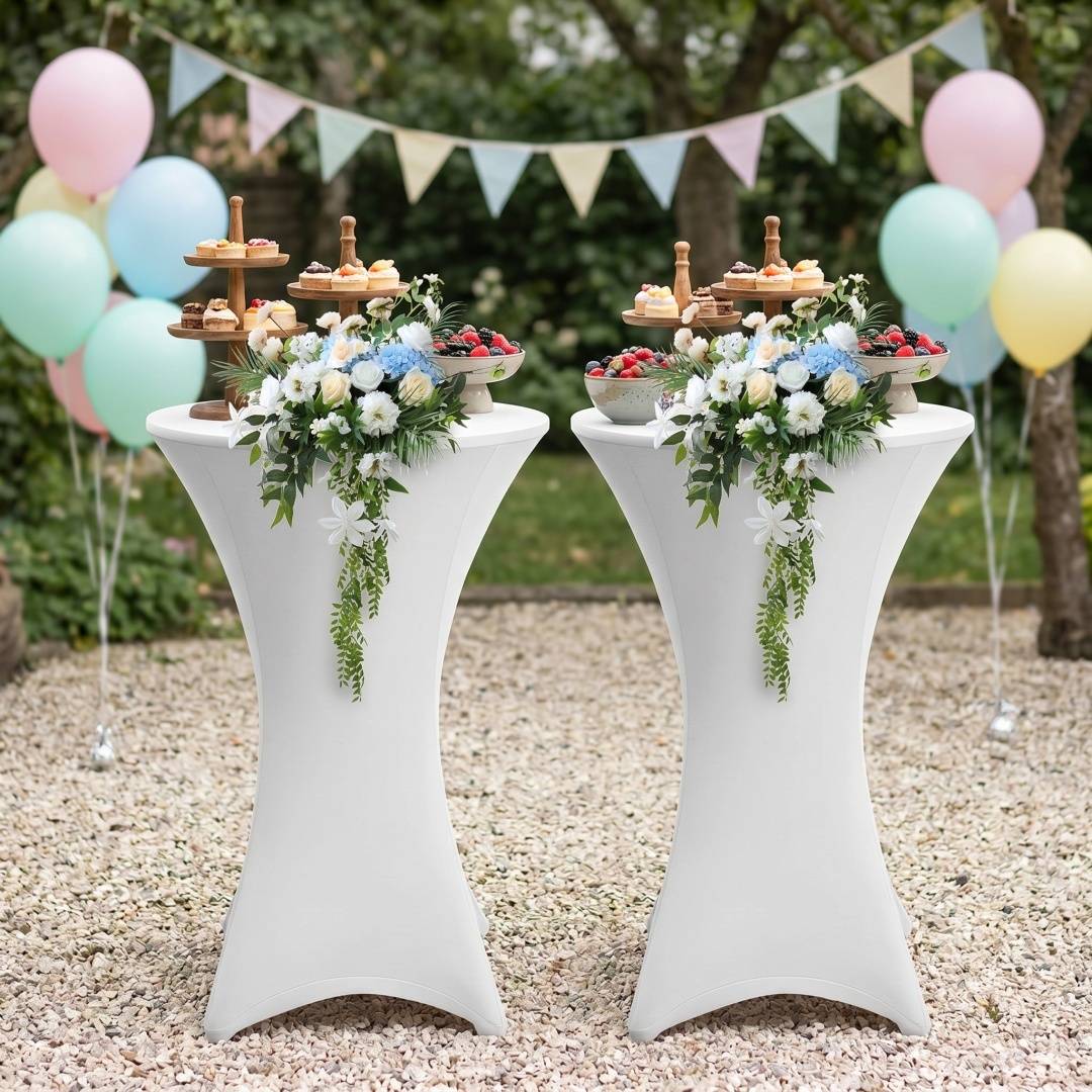 2× Stehtischhusse Stretch Weiß Ø 60×110 cm – Elastischer Bistrotisch Überzug für Events & Feiern