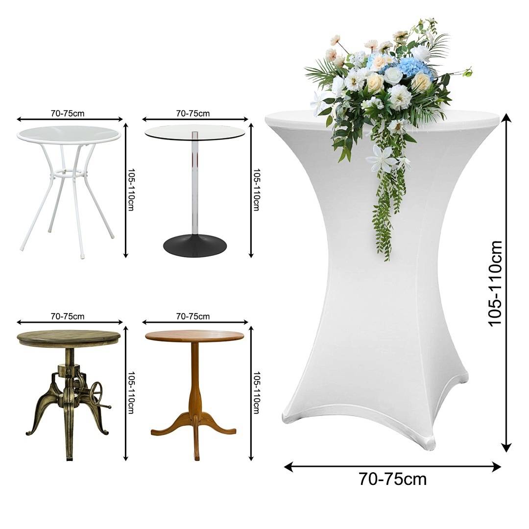 10er Set Stehtischhusse Stretch Weiß – Elastische Husse für Bistrotisch Ø 70–75 × 110 cm mit 4 Fußlaschen