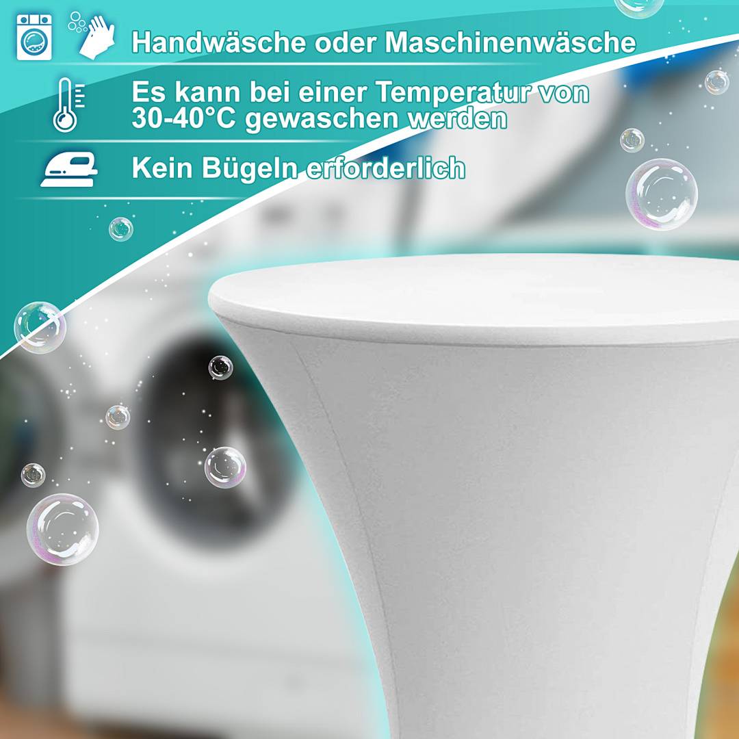 5er Set Stehtischhusse Stretch Weiß – Elastische Husse für Bistrotisch Ø 60–65 × 110 cm mit 4 Fußlaschen