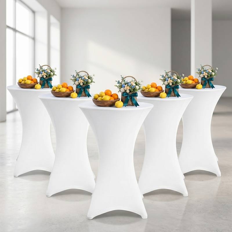 5er Set Stehtischhusse Stretch Weiß – Elastische Husse für Bistrotisch Ø 60–65 × 110 cm mit 4 Fußlaschen