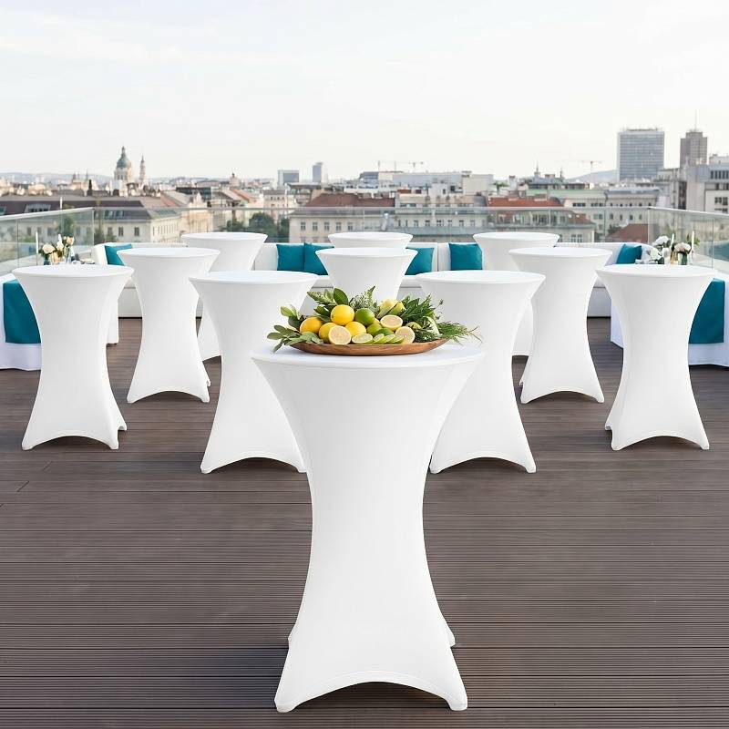 10er Set Stehtischhusse Stretch Weiß – Elastische Husse für Bistrotisch Ø 60–65 × 110 cm mit 4 Fußlaschen
