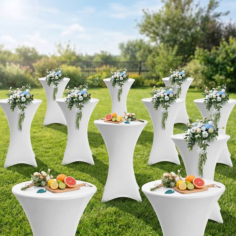10er Set Stehtischhusse Stretch Weiß – Elastische Husse für Bistrotisch Ø 70–75 × 110 cm mit 4 Fußlaschen